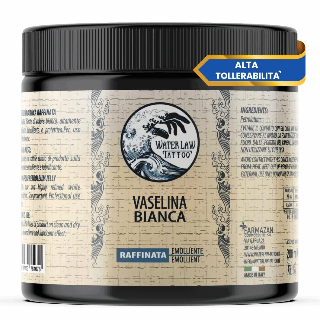 Water Law Tattoo Vaselina Bianca 200ml, Vaselina Pura Altamente Raffinata, Vaselina Tattoo Professionale, Emolliente, Lubrificante, Protettiva, Senza Profumi o Coloranti, Made in Italy