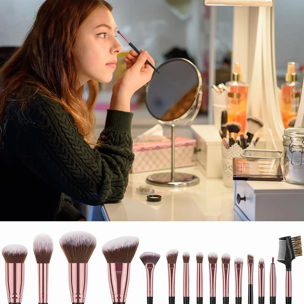 Vicloon Set Pennelli Make up da 18 pezzi,15 Pezzi Professionale Pennelli Make Up Pennelli con Ombretto Palpebra Eyeliner Mascara Sopracciglia Makeup Occhi con 2 Piumino per Cipria e Borsa Portaoggetti