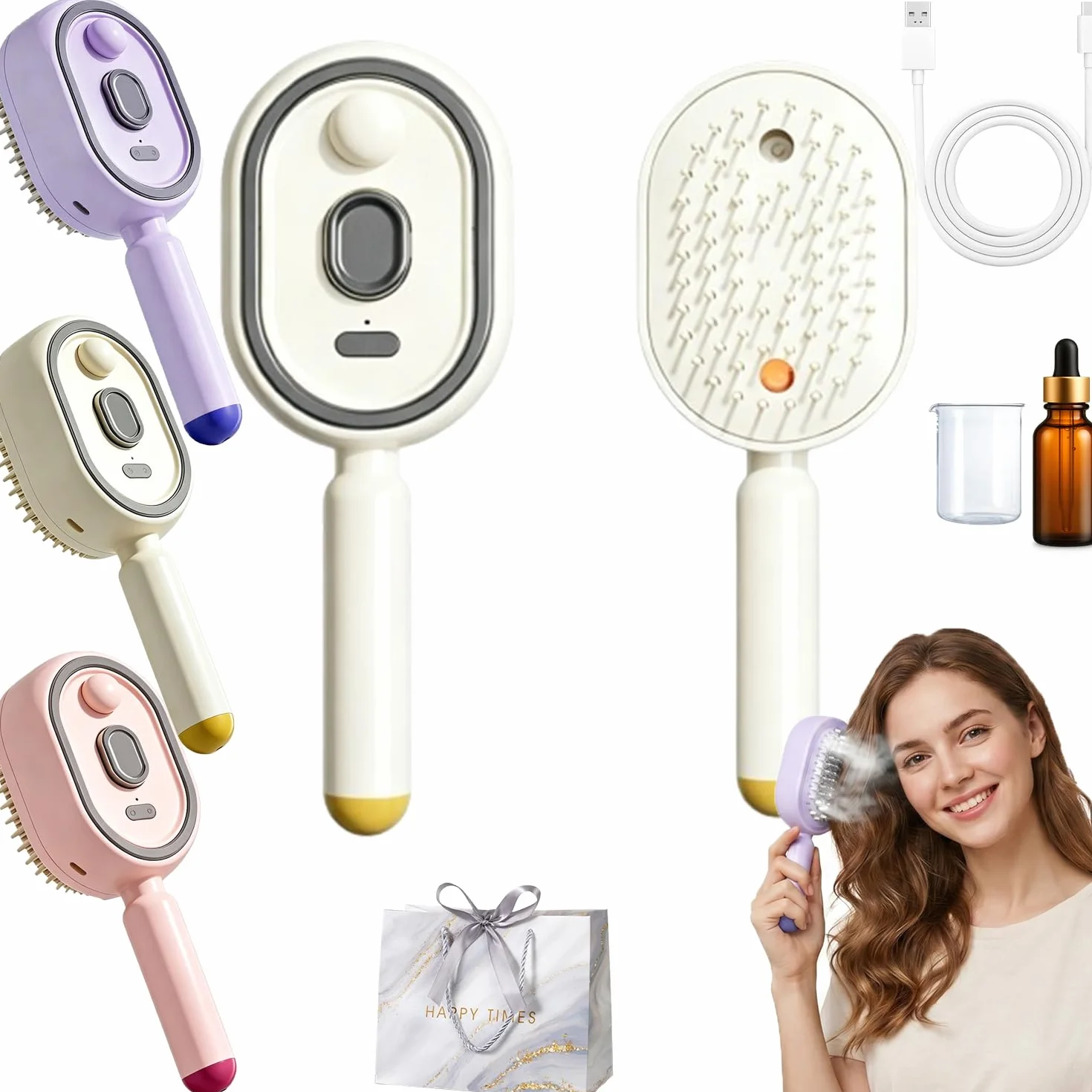 Pettine Elettrico a Nebulizzazione per Donne – Spazzola Ricaricabile a Nano-Nebbia, Districa e Combatte il Crespo, Capelli Secchi, Home Spa, Bianco Crema
