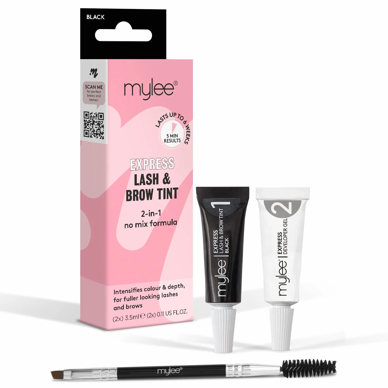 Mylee Kit Express Ciglia e Sopracciglia – Formula 2 in 1 Senza Miscela, Tinta + Gel Developer + Spazzolina Doppio Lato, Colorazione Professionale Semipermanente Ciglia e Sopracciglia (Nero)