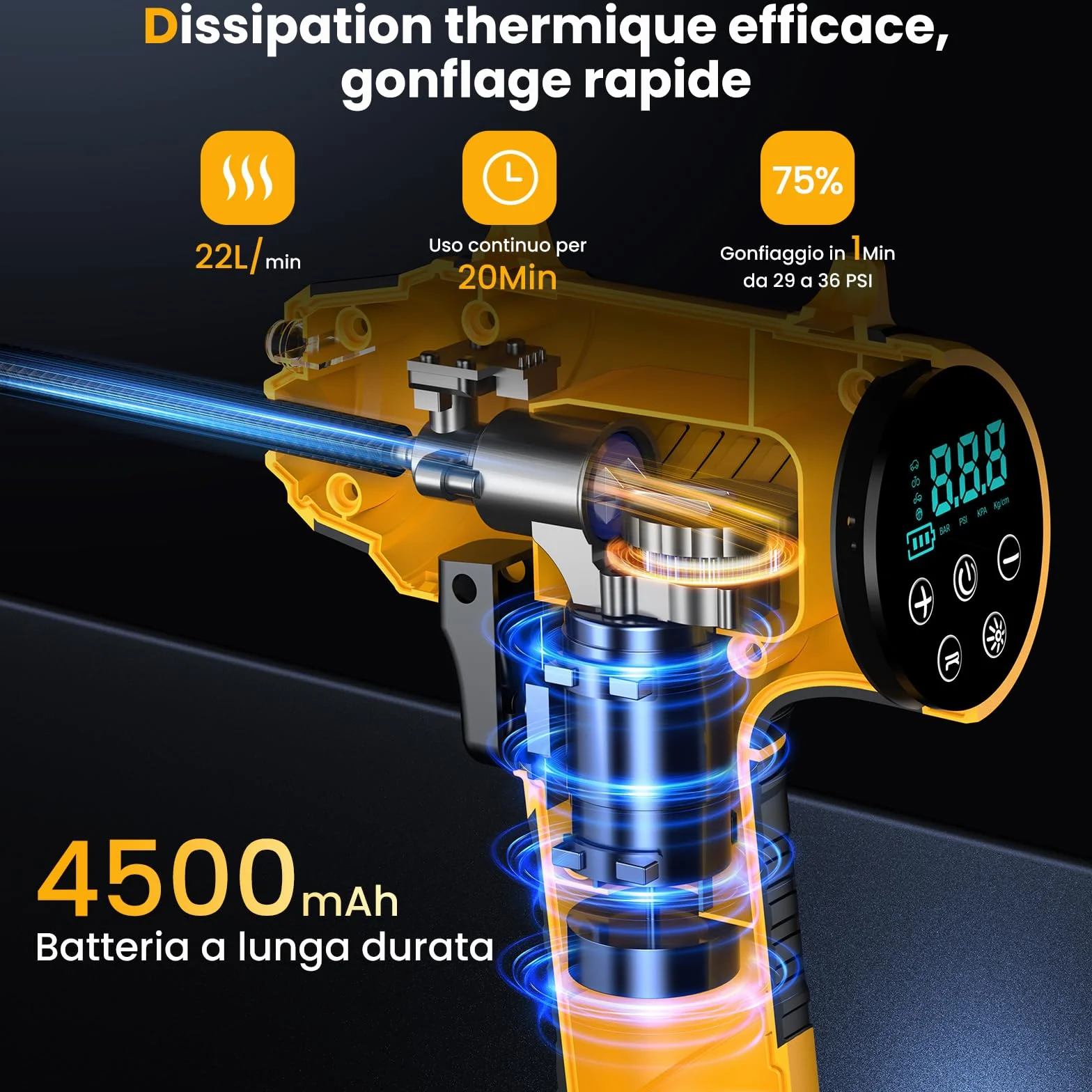Compressore Aria Portatile Senza Fili 150PSI 22L/Min Gonfiatore Pneumatici Auto Batteria Ricaricabile Spegnimento Automatico Display LED 4 Modalità
