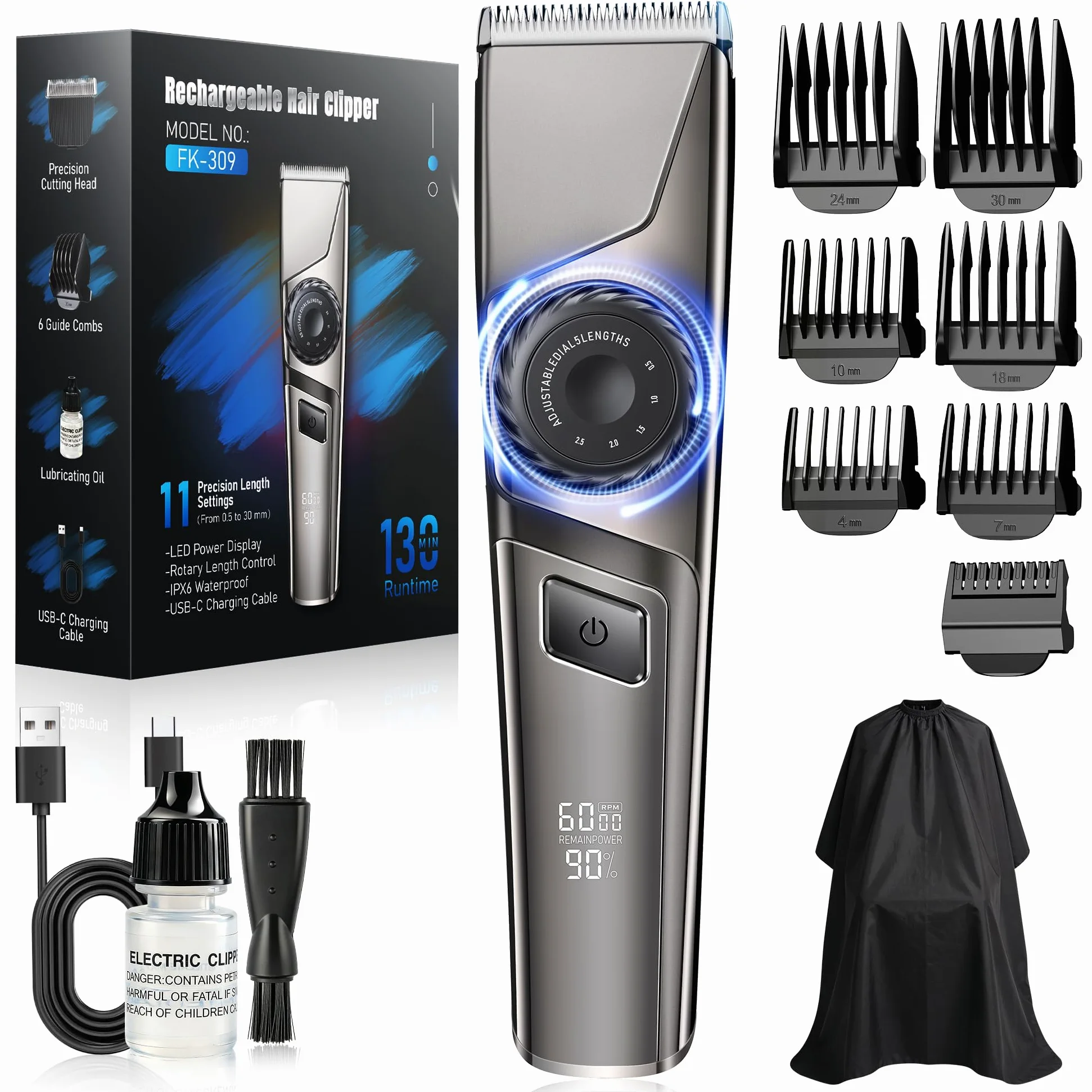 Tagliacapelli professionale, tagliacapelli USB C, display LED da uomo, IPX6, impermeabile, < 65 dB, set professionale Barber per uomo a casa e barbiere, kit USB C