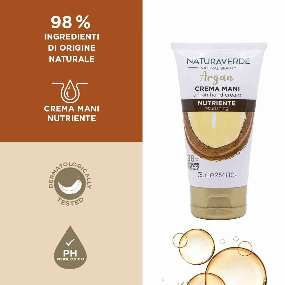 Naturaverde | Natural Beauty - Crema Mani Nutriente all'Olio di Argan, per Mani Secche e Screpolate, Ingredienti di Origine Naturale, 75ml