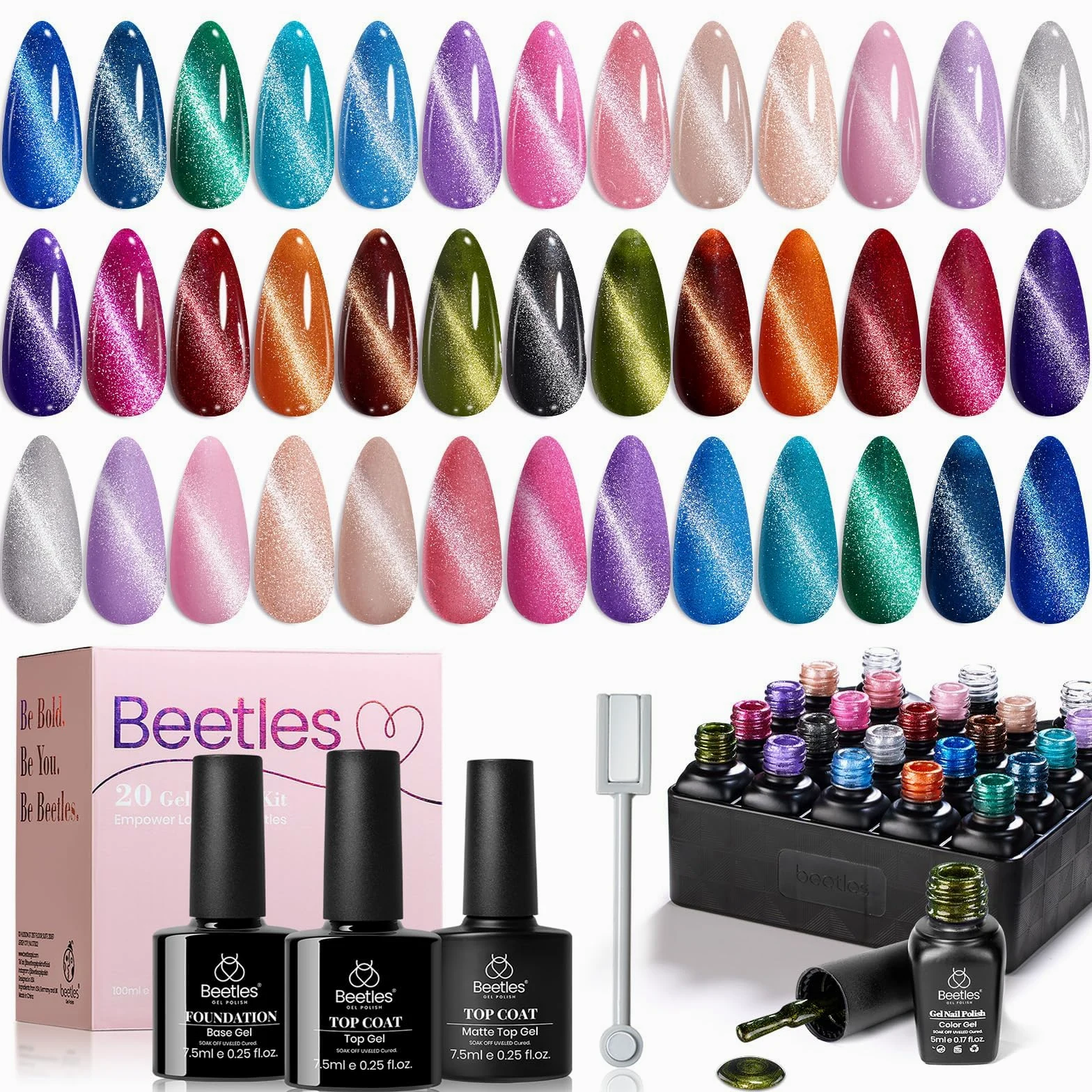 Beetles - Set di 20 smalti in gel con base e opaco lucido, colore rosa nude, verde, blu, smalto Lush Velvet con magnete Soak Off LED, manicure, salone fai da te, idea regalo per donne