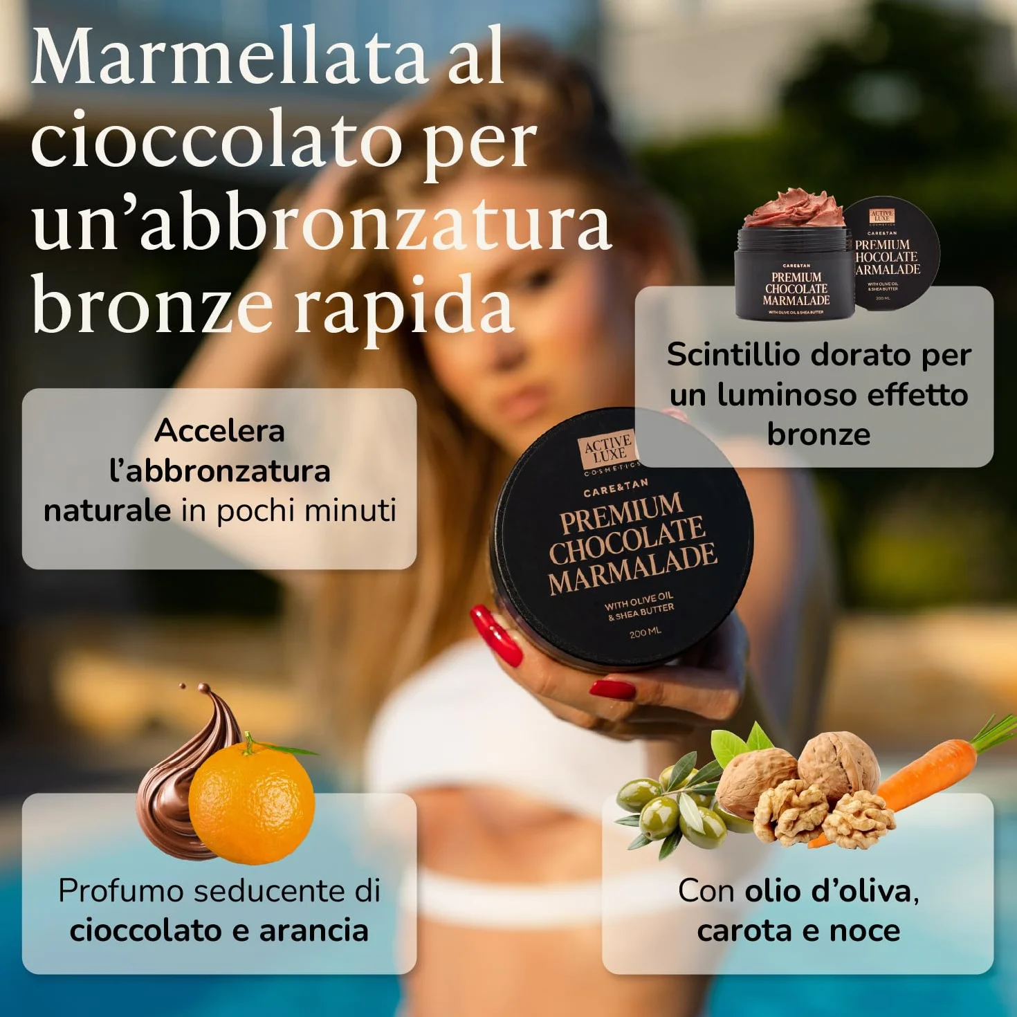 Active Luxe Marmellata di Cioccolato Premium – Crema Abbronzante Rapida con Carota e Olio d'Oliva – Crema Abbronzante Corpo per un Teint Più Scuro (200 ml)