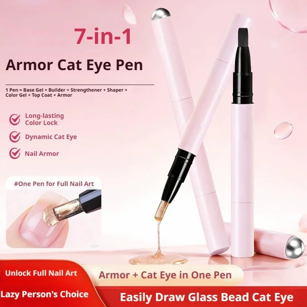 Penna per nail art 7 in 1 Cat Eye, smalto gel magnetico con magnete integrato, blocco Ccolor a lunga durata, pennello tutto in uno, formula autolivellante, portatile per principianti, 3 g (02)