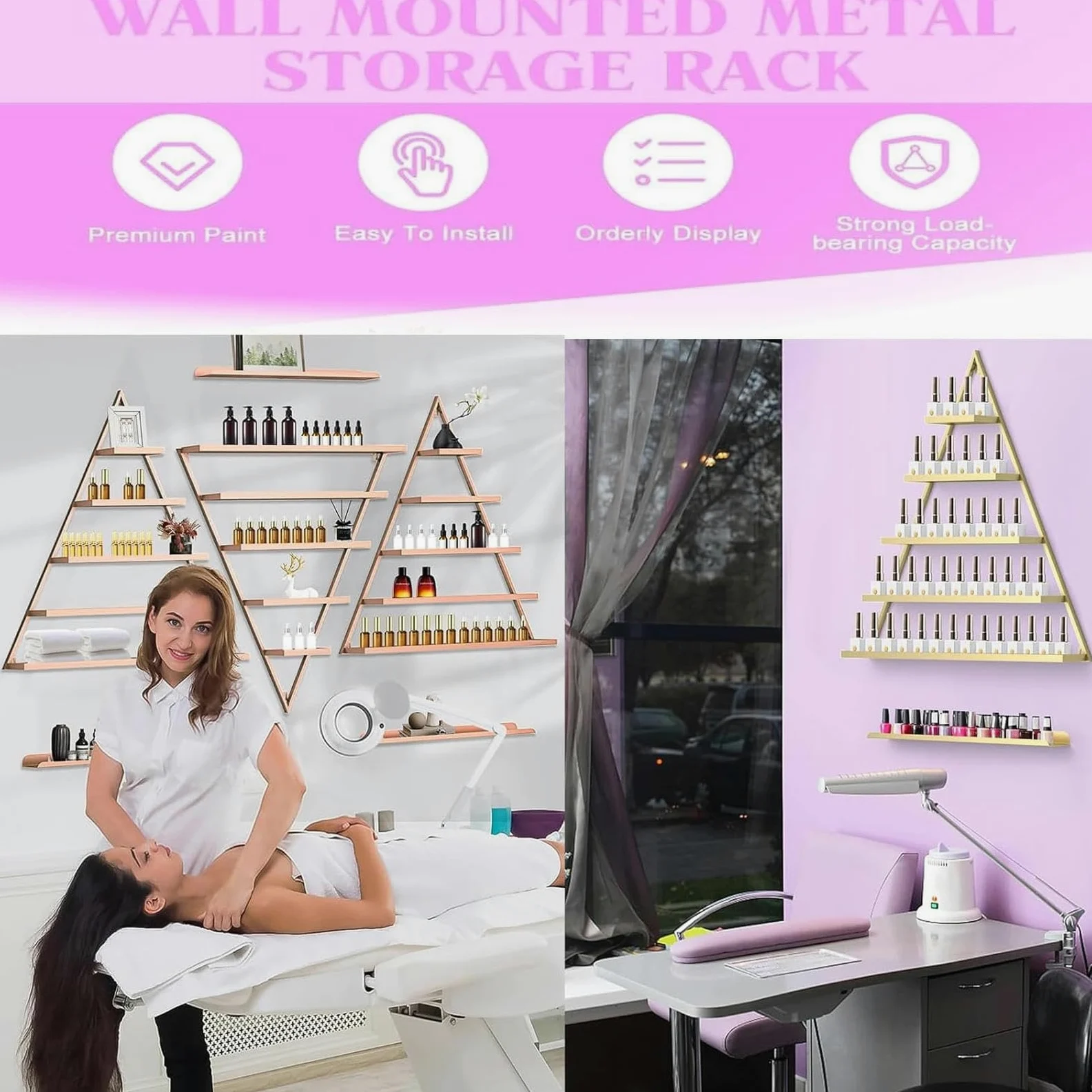 Porta smalti da Parete in Metallo, espositore per Bottiglie, semplici espositori galleggianti per Cosmetici in Ferro per Salone di Bellezza, Negozio, Soggiorno, casa (Rosa)