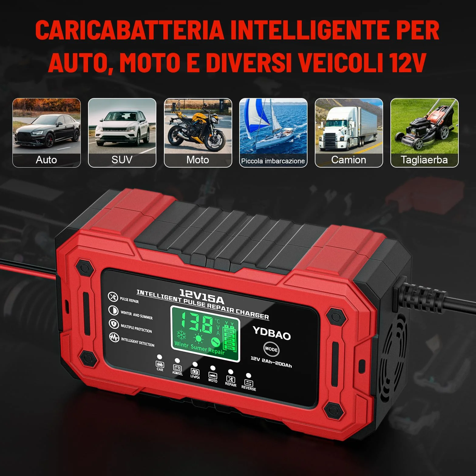 Caricabatteria per Auto 12V 15A Intelligente Automatico con Display LCD Compensazione Temperatura per Moto Auto Batteria AGM Barche