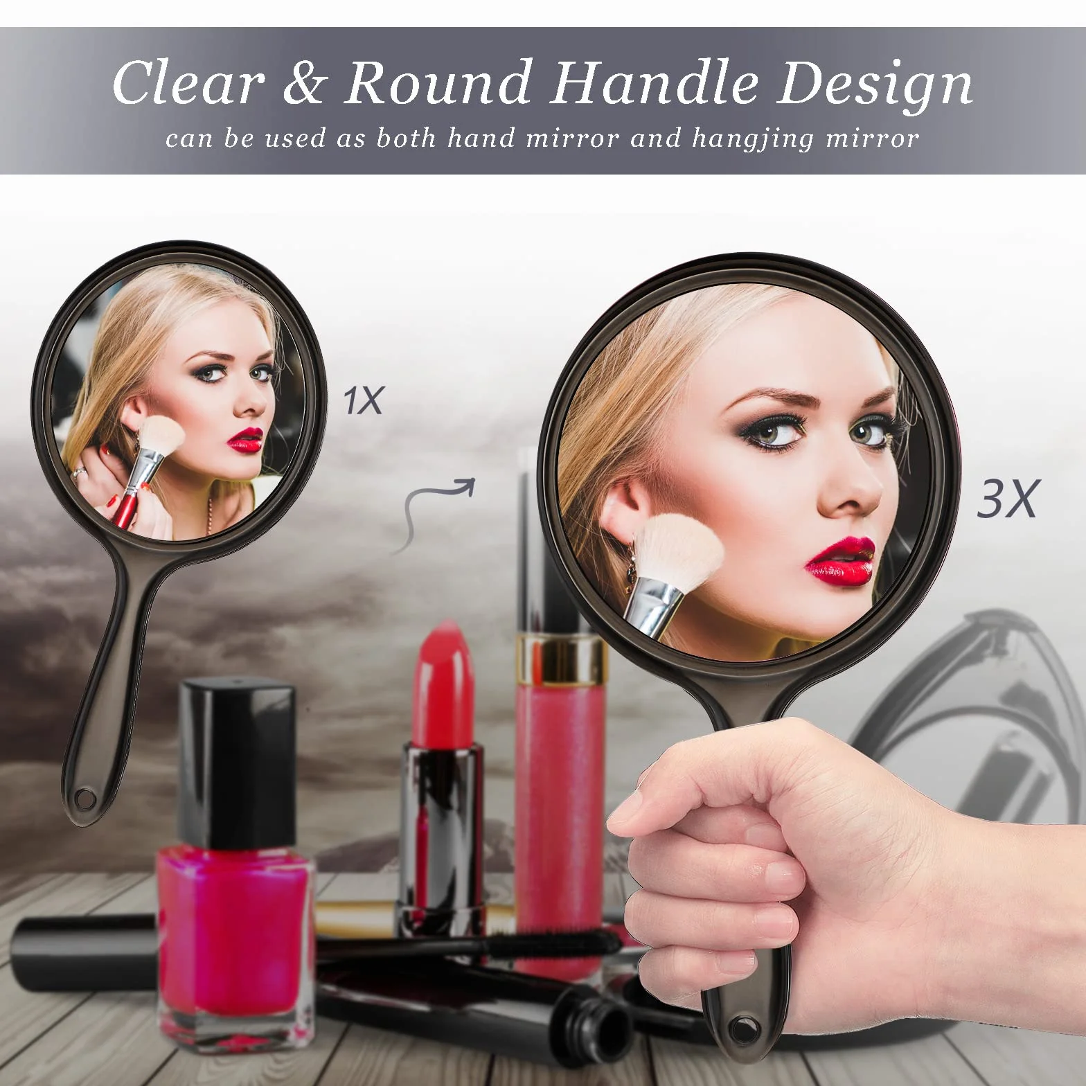 Specchio a Mano per Trucco 1X/3X Ingranditore Doppia Faccia Rotondo Nero
