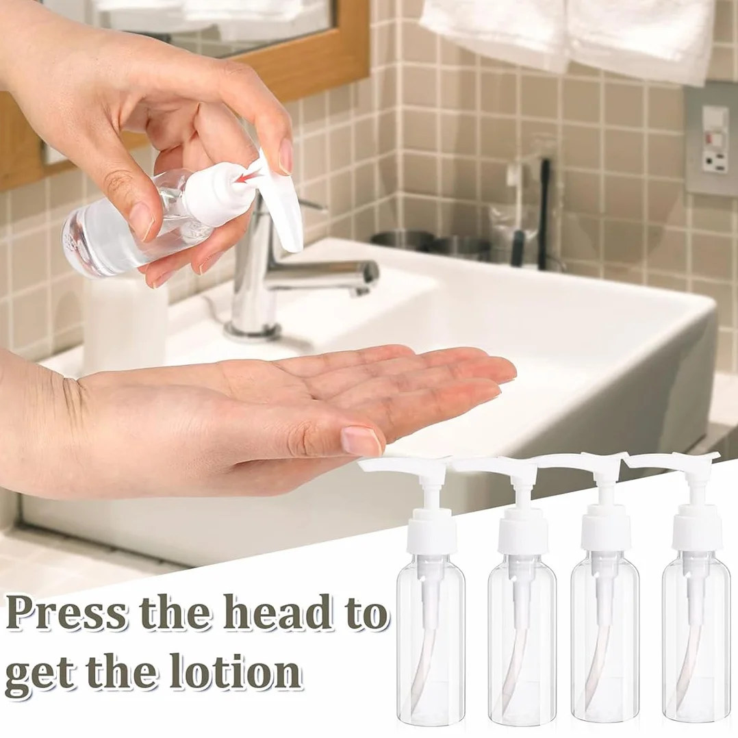 4 Pezzi Flaconi da Viaggio, 100 ml Bottiglie da Viaggio Trasparenti, Pompa da Viaggio in Plastica Dispenser, Boccette Contenitori Ricaricabile, per Cosmetici, Lozione, Bagno, Shampoo Liquidi