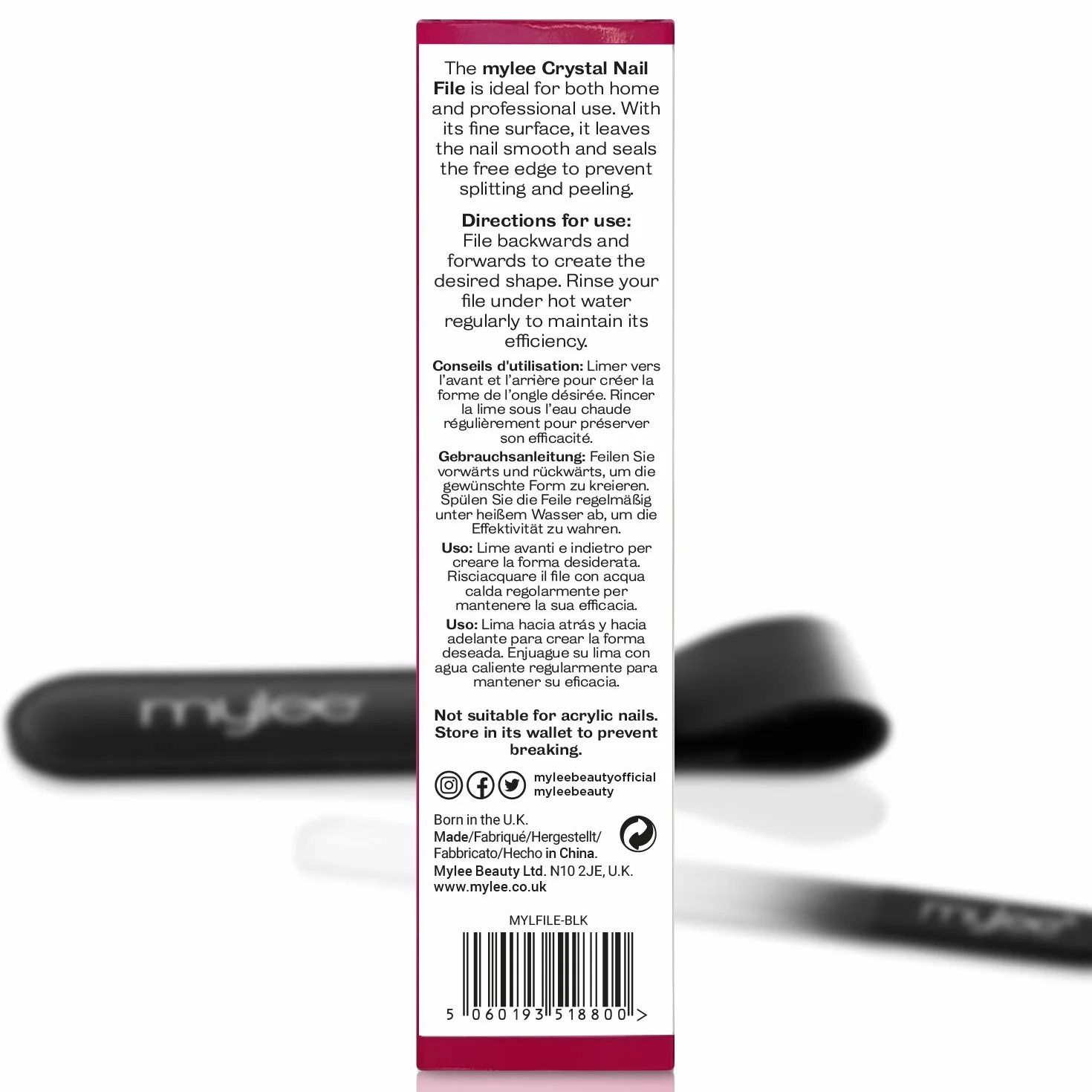 Lima per unghie in vetro Mylee con custodia - Manicure professionale, igienica e duratura con garanzia di 5 anni, per uso professionale o domestico