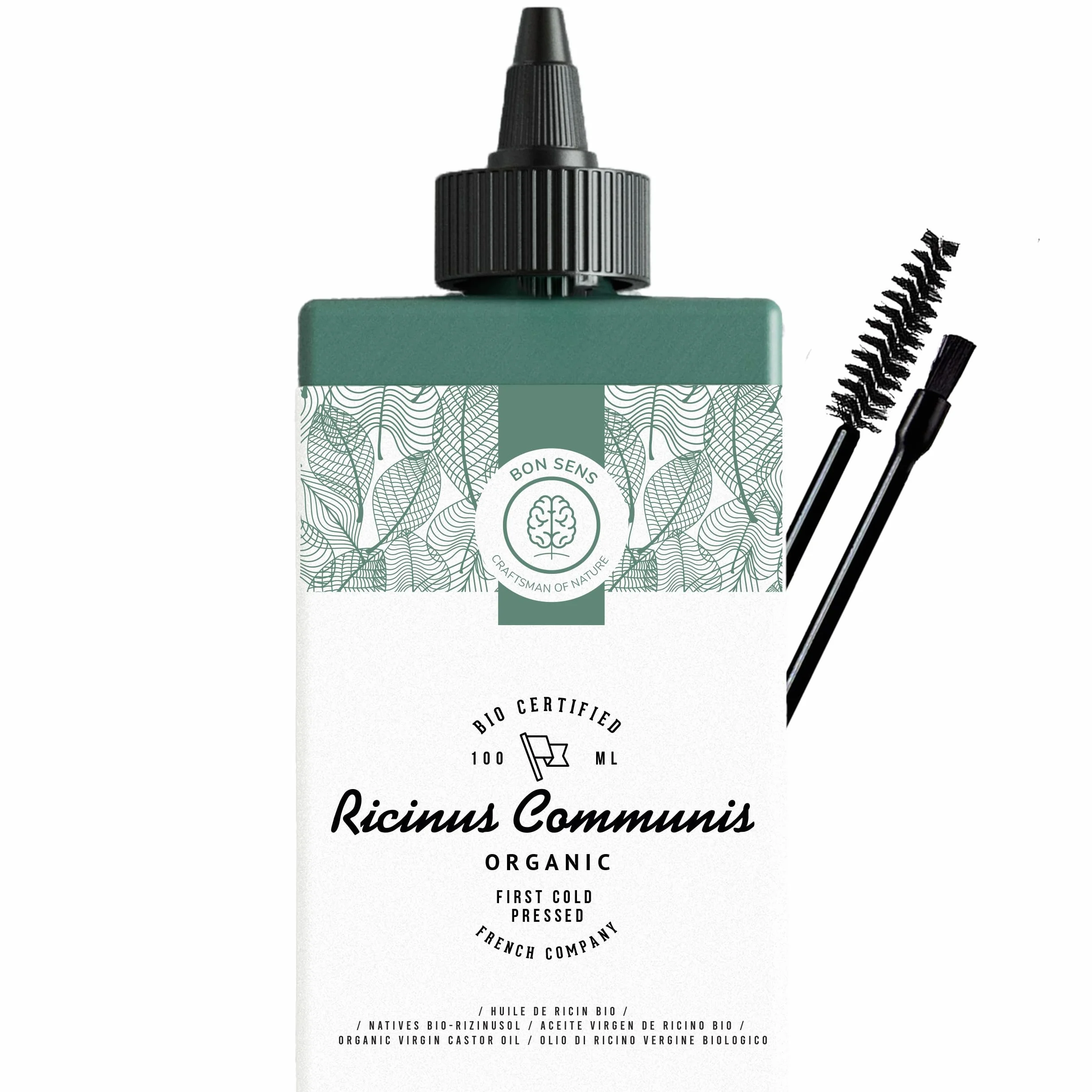 100ml Olio di Ricino Biologico + Set di Pennello e Spazzola + Tappo Dosatore - 100% Puro, Naturale, Pressato a Freddo - Olio di Ricino per Capelli, Ciglia, Sopracciglia, Barba - Castor Oil
