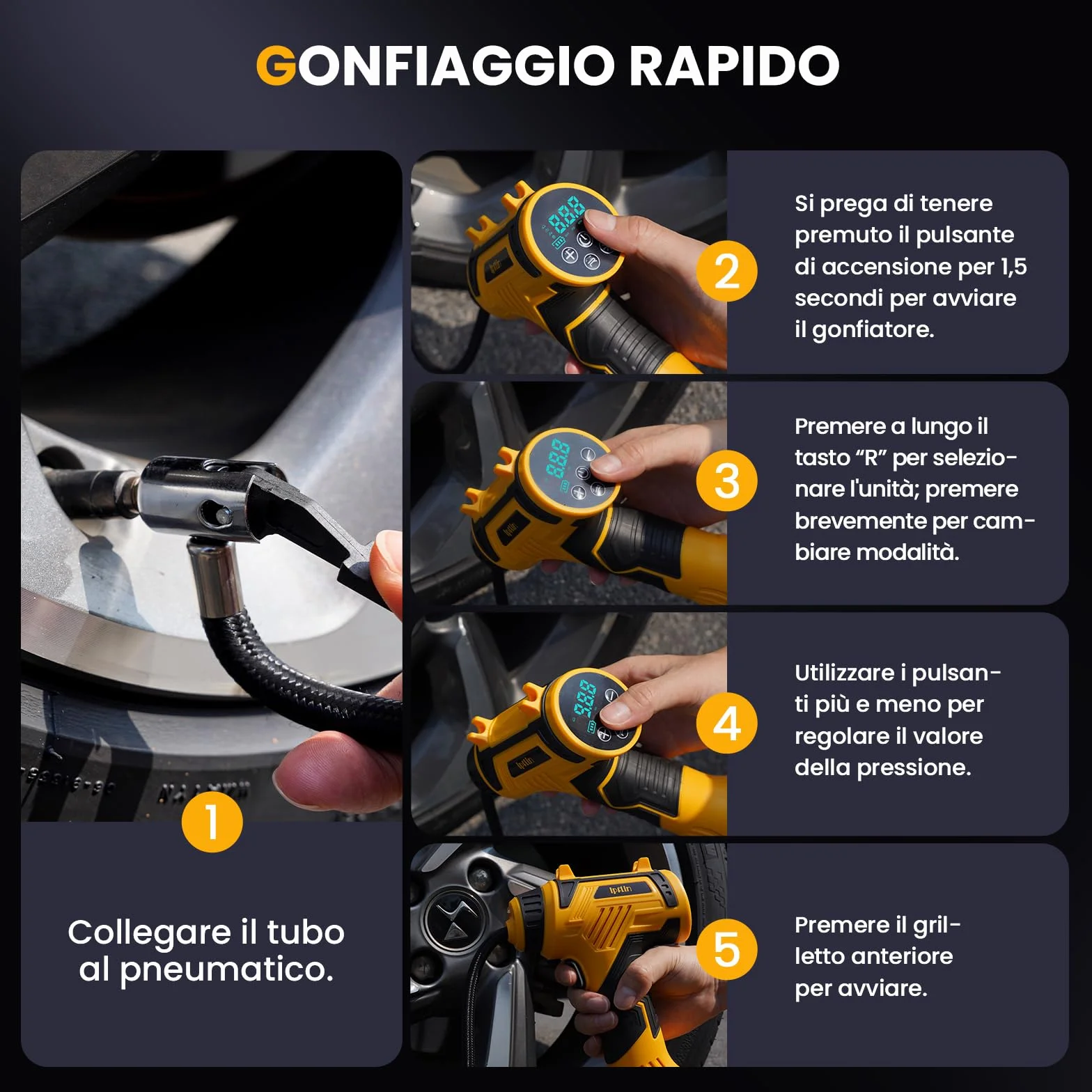 Compressore Aria Portatile Senza Fili 150PSI 22L/Min Gonfiatore Pneumatici Auto Batteria Ricaricabile Spegnimento Automatico Display LED 4 Modalità