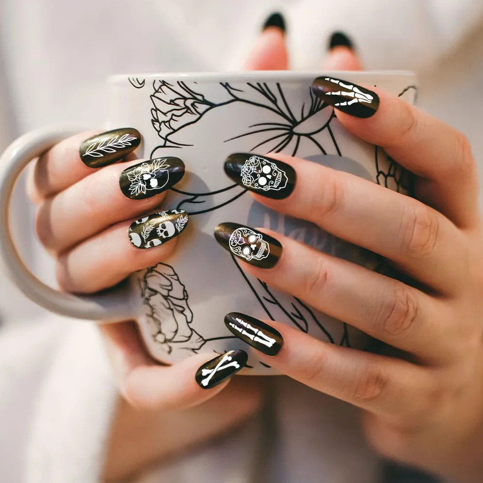 PH PandaHall 3 pz Timbro per Unghie con Teschio Gotico, 58 Modelli Scheletro Orrore Fiore Piastra per Stampaggio Unghie per Nail Design Stampa Manicure Salone Halloween