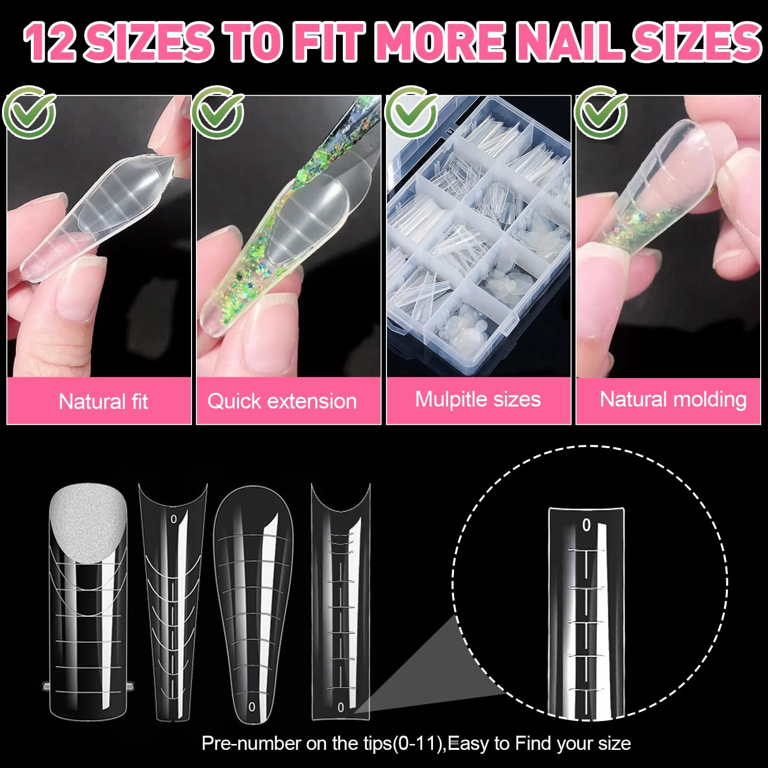 JSRQT 288 Pezzi Sistema per Unghie Dual Nail Form,Allungamento Unghie Finte Artificiali per Ricostruzione Unghie,8 Stili 12 Taglie Scala