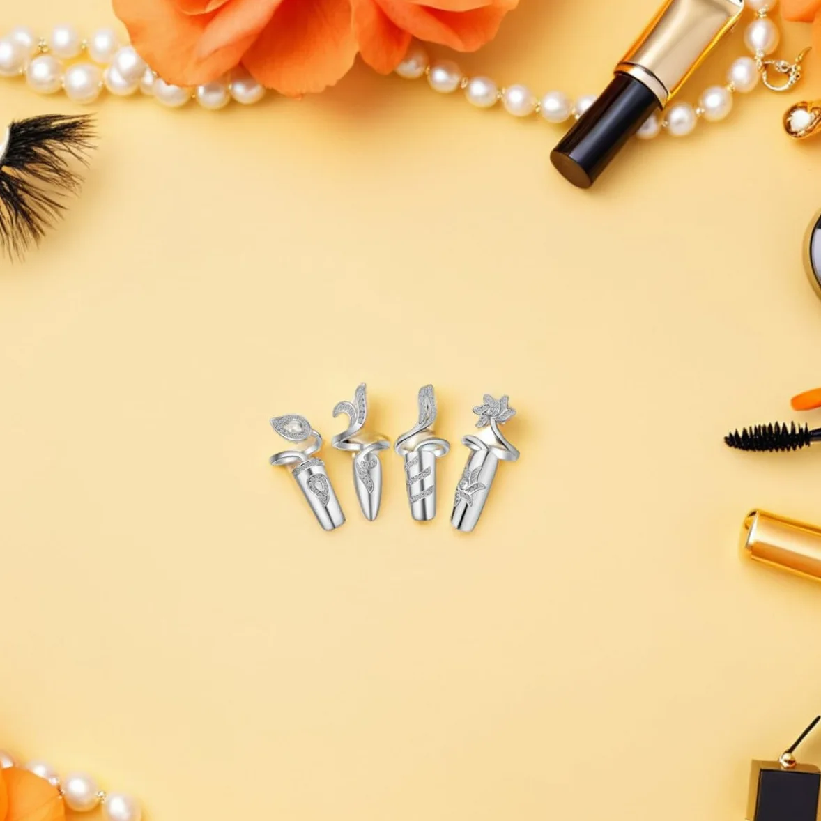 FOMIYES Anello Aperto per Unghie Donna con Pietre Brillanti in Lega 4 Pezzi | Argento, senza Colla, Fissaggio Stabile, per Occasioni Speciali e Feste come Prom e Natale