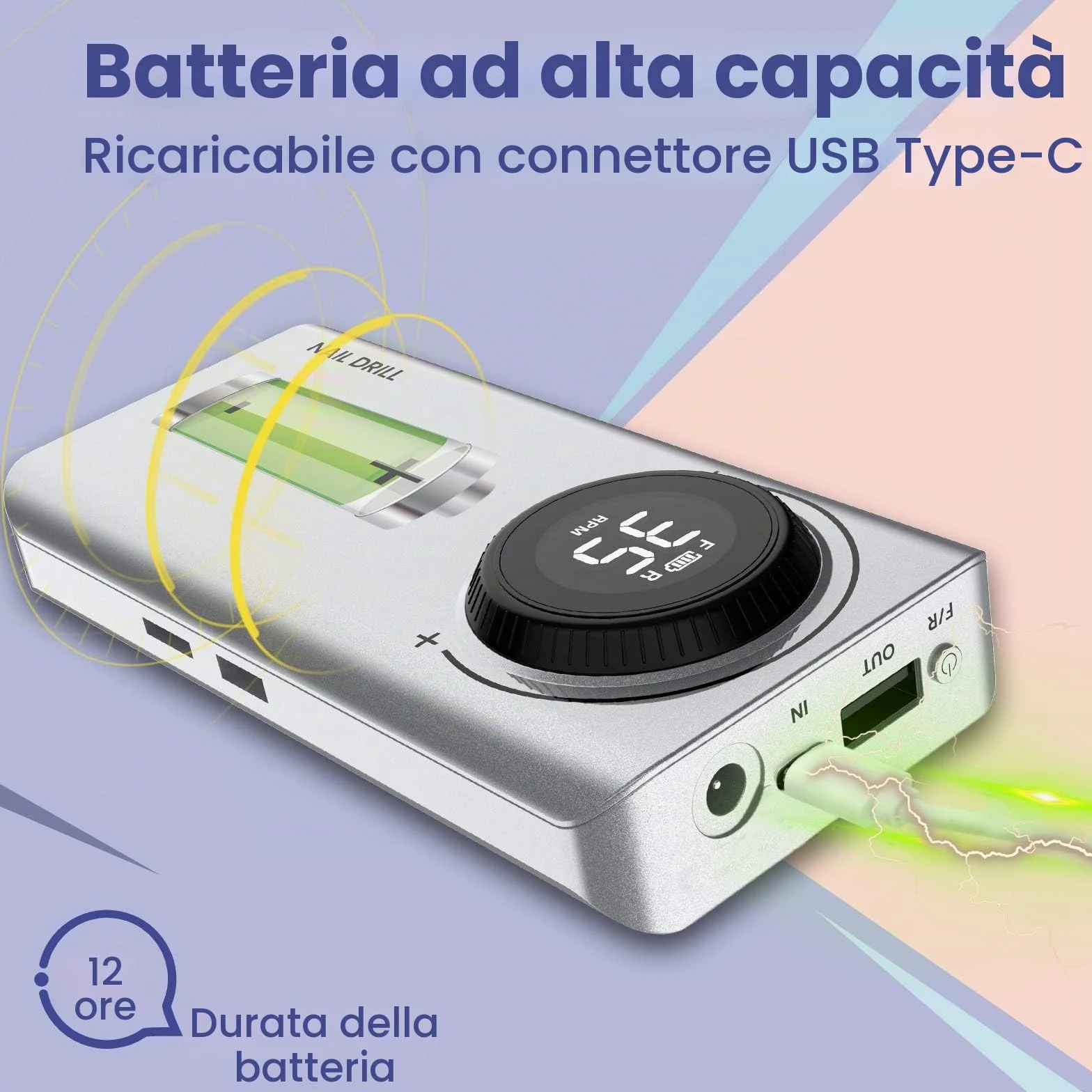 Delanie Fresa per Unghie Professionale 35000 Giri, Trapano Elettrico Ricaricabile per Unghie, Fresa Portatile per Unghie Semipermanente, Manicure e Pedicure, Adatta a Casa e Salone, Argento