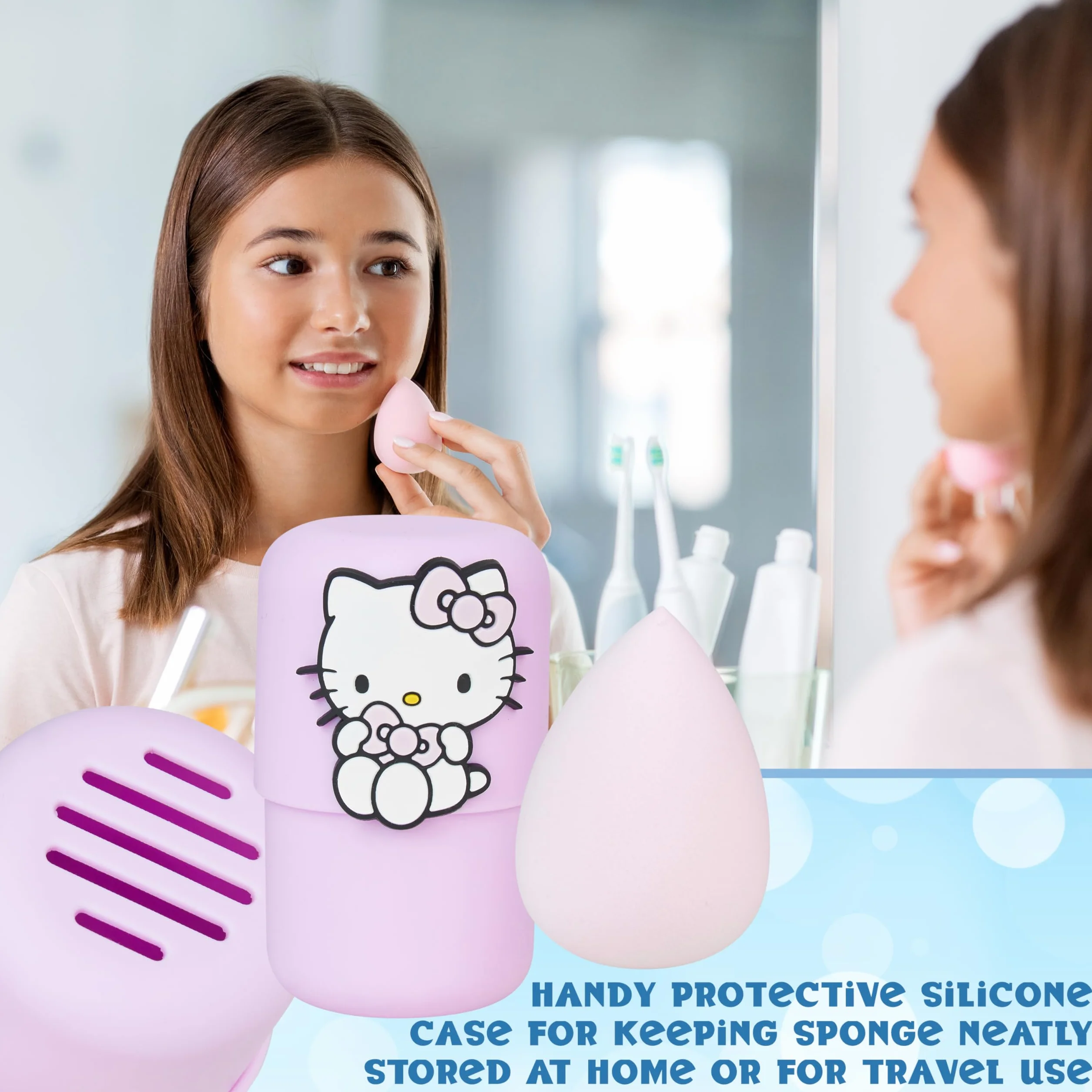 Hello Kitty Sanrio Set Beauty Ragazza, Mini Spazzola Capelli con Specchio, Spugnetta Trucco, Lavabile Dischetti Struccanti, Regali per Lei