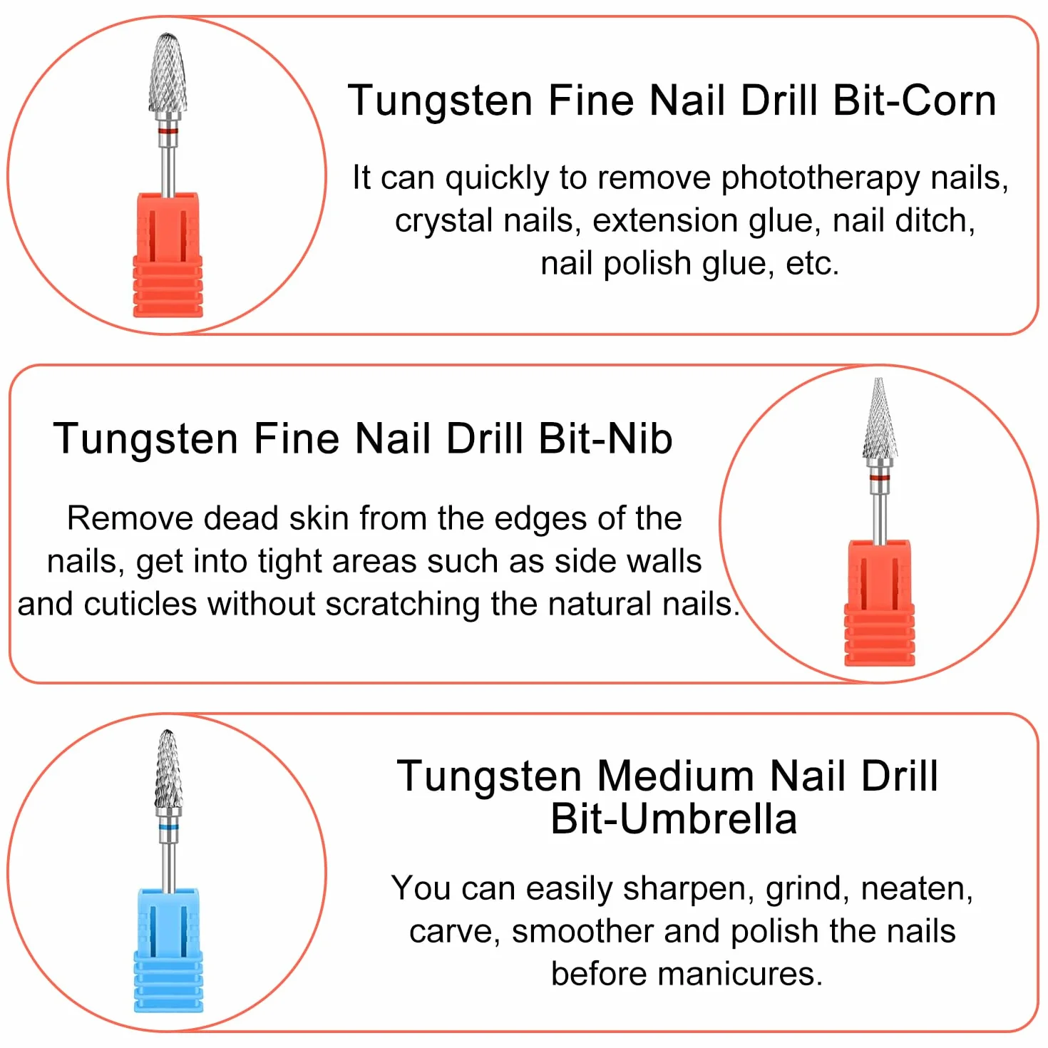 Punte Fresa Unghie Carburo di Tungsteno 3/32 Pollici 3 Pezzi per Rimuovere Gel Acrilico Cuticola Manicure Pedicure