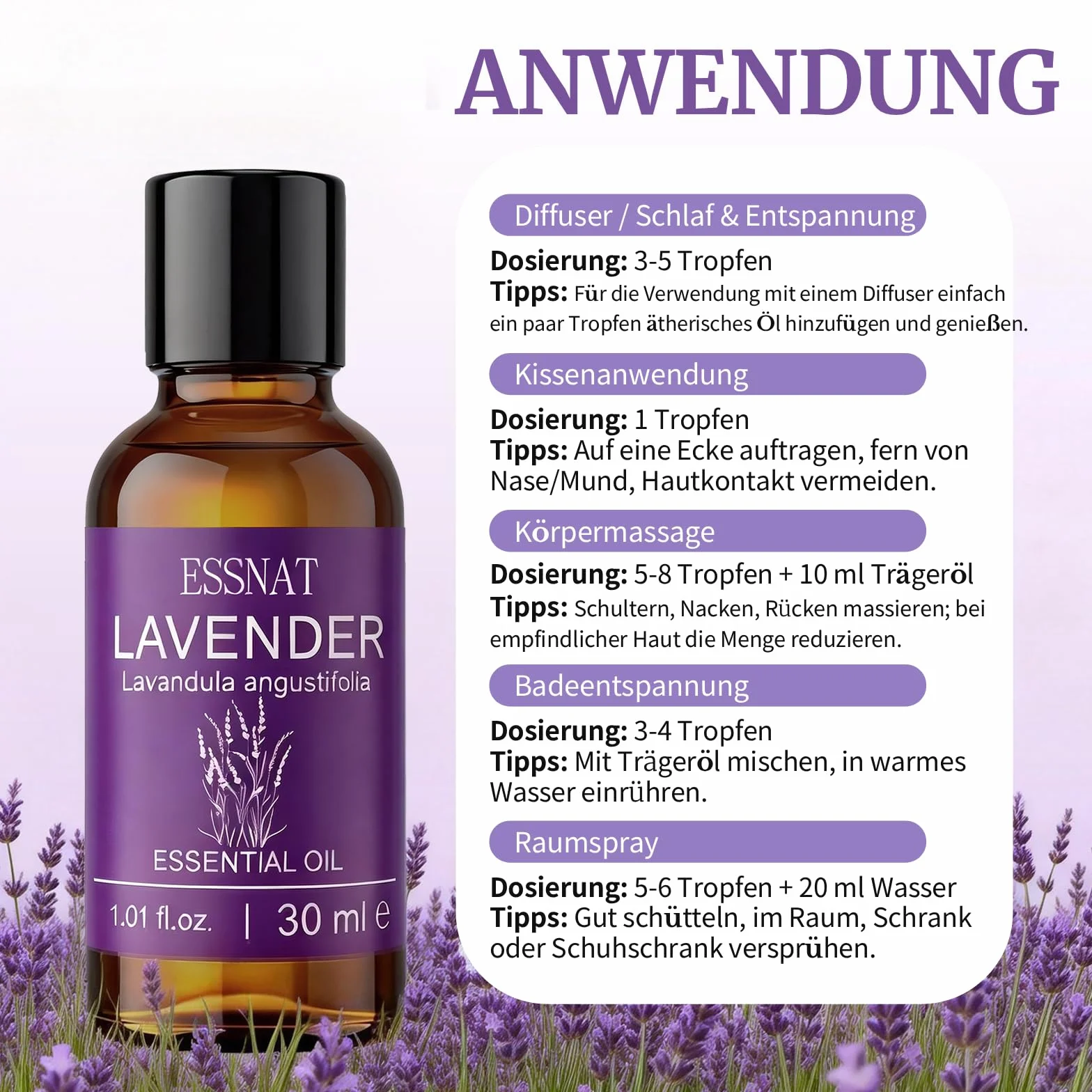Olio Essenziale Lavanda 30 ml 100% Naturale da Lavandula angustifolia per Aromaterapia