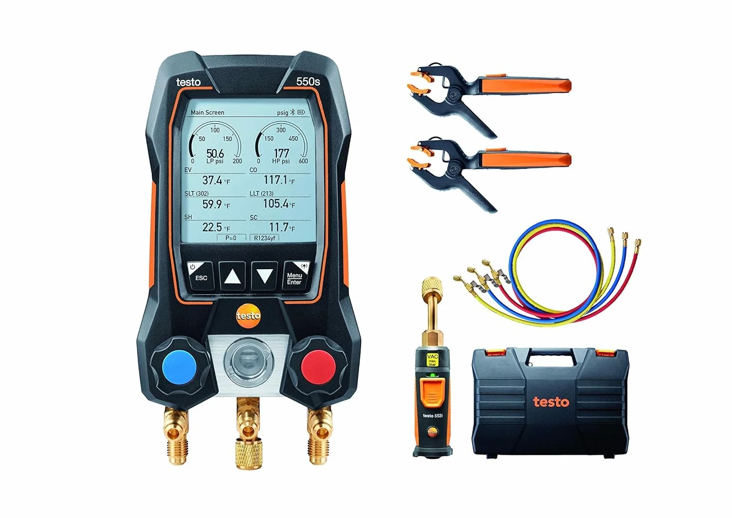Testo 550s Kit HVAC Digital Manifold with App, 2x Testo 115i Thermometers, 1x Testo 552i Micron Meter, 3 Hose Set, Bluetooth, Black