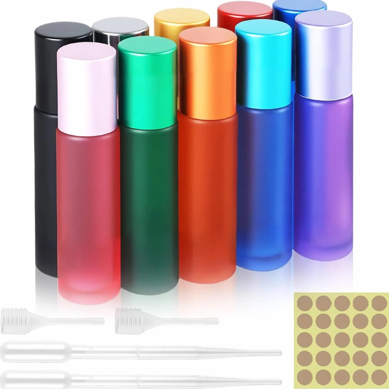 10 pezzi Roll on bottiglia vuota da 10 ml, 10 colori Roll on oli essenziali con apertura, contagocce, adesivi per etichette, deorroller da riempire, oli essenziali per profumi, cosmetici, massaggi