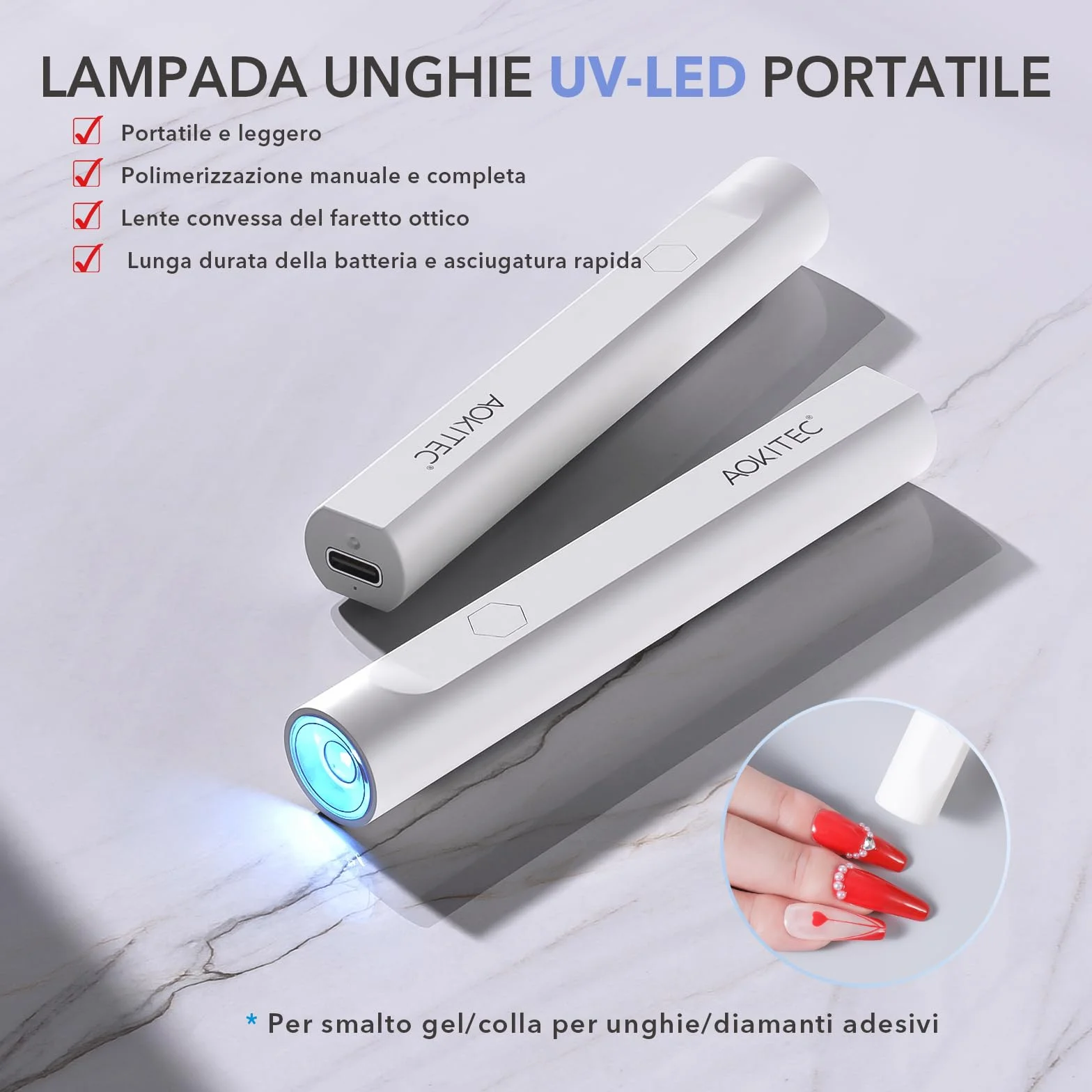 Aokitec Lampada UV LED Unghie, Lampada portatile per unghie, lampada semipermanente unghie, Unghie delle mani e dei piedi ad asciugatura rapida, Previene l'oscuramento della pelle intorno alle unghie