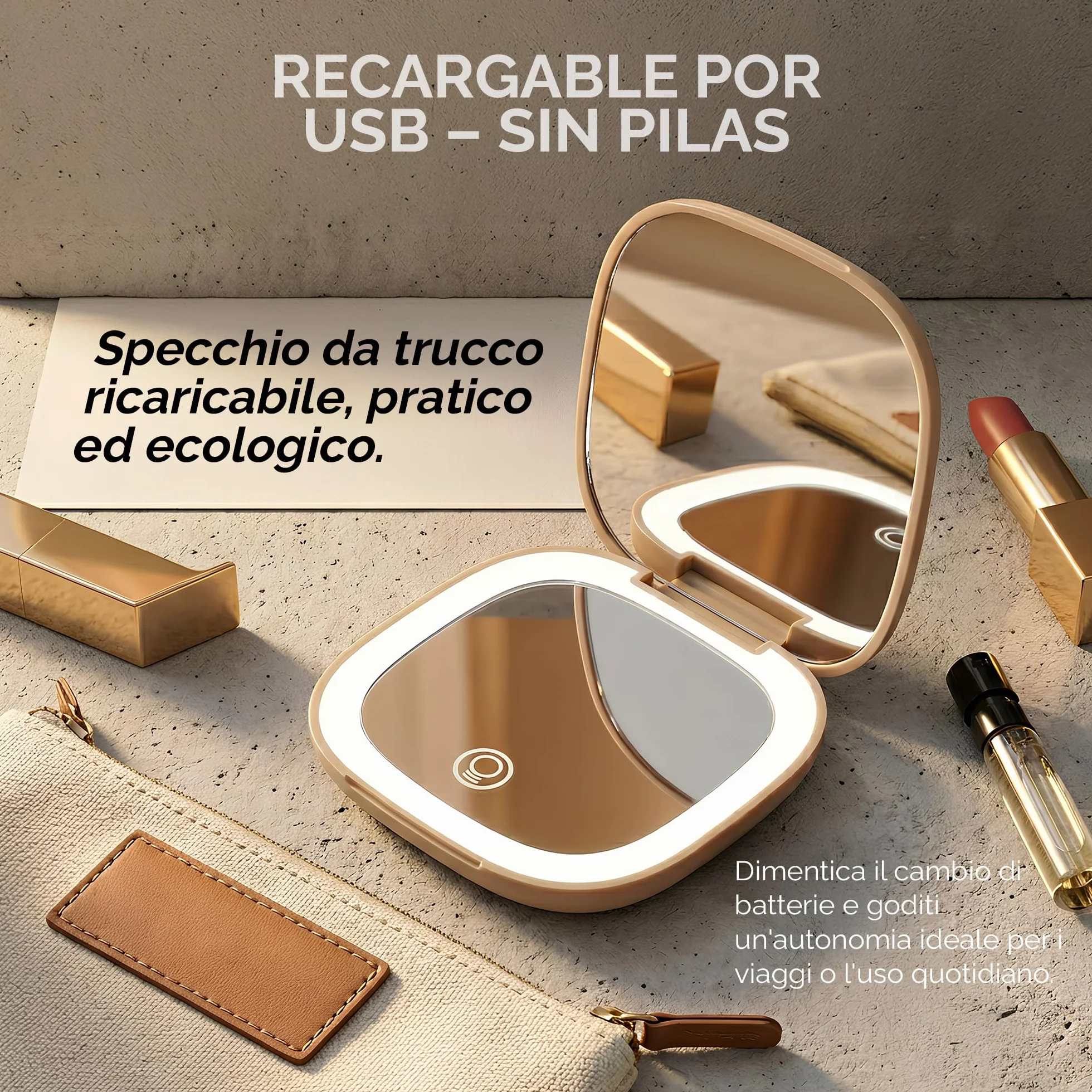 Specchio da viaggio a LED ricaricabile Nyra, 3 modalità luce, luminosità regolabile, ingrandimento x1 x3, batteria 400 mAh, ricarica tipo C
