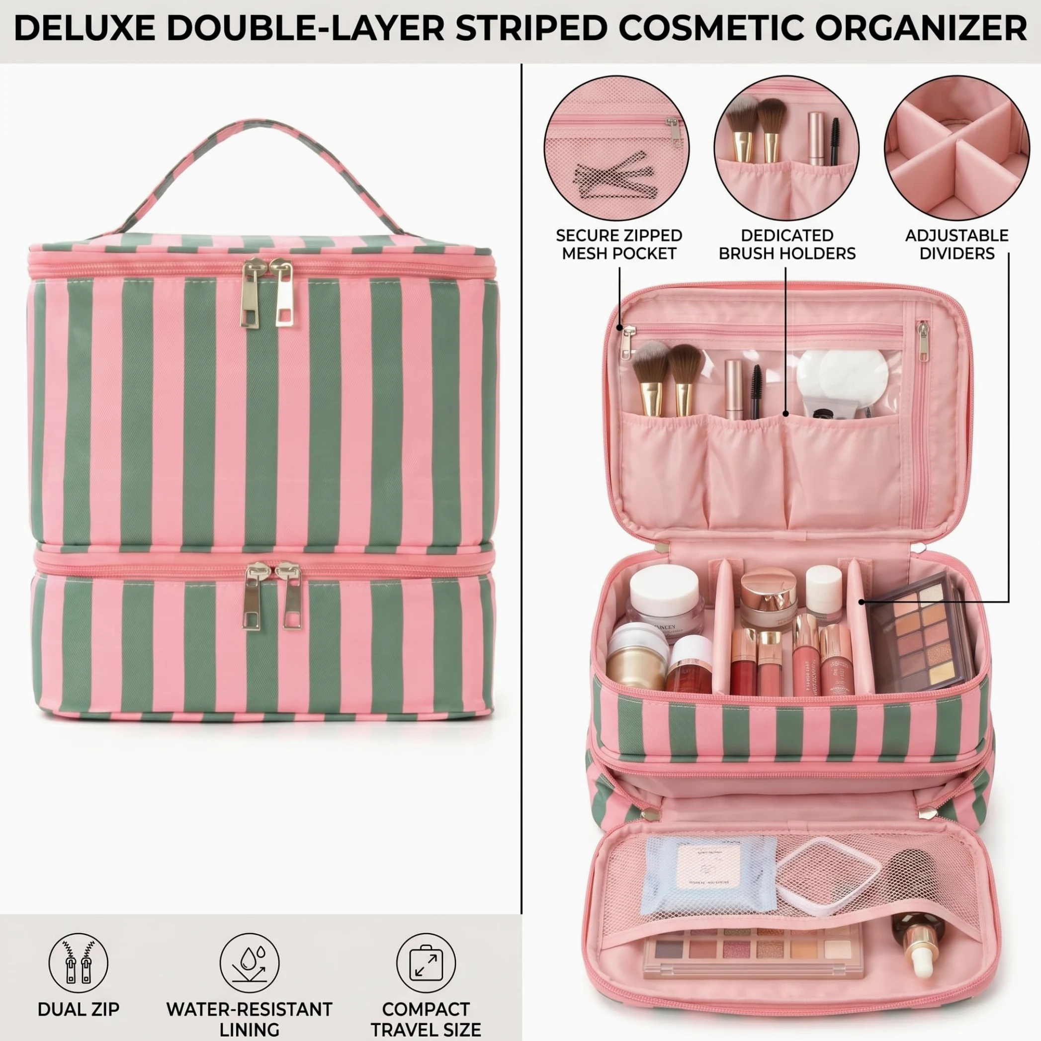 Borsa organizer per smalti, organizer a doppio strato con scomparti multipli, borsa per kit unghie di grande capacità, a strisce verdi e 1