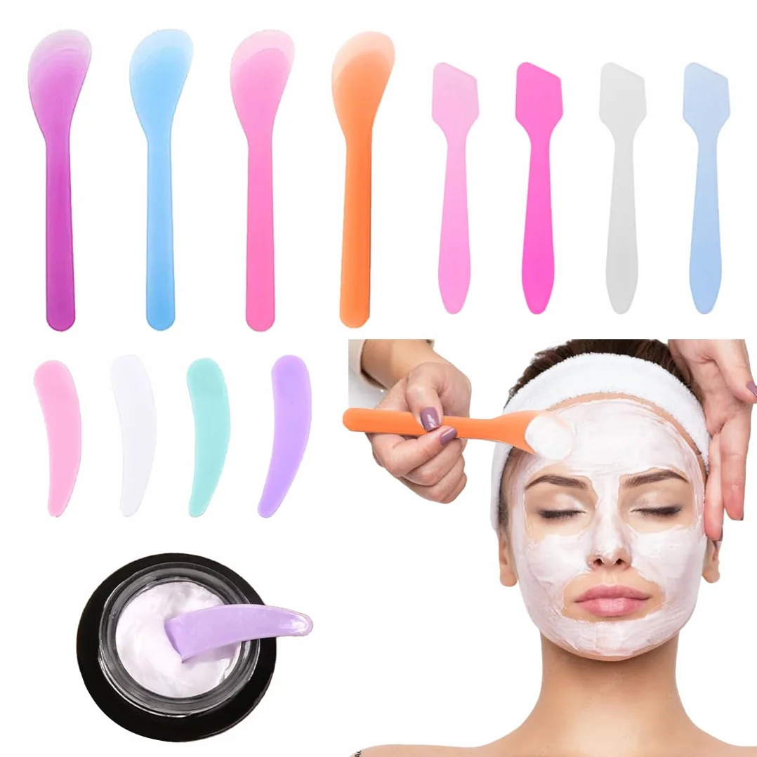 Set e kit da trucco, 12 pezzi di spatola per il trucco in plastica, spatola per crema mini cucchiaio per maschera cosmetica raschietto per lavaggio (colori casuali)