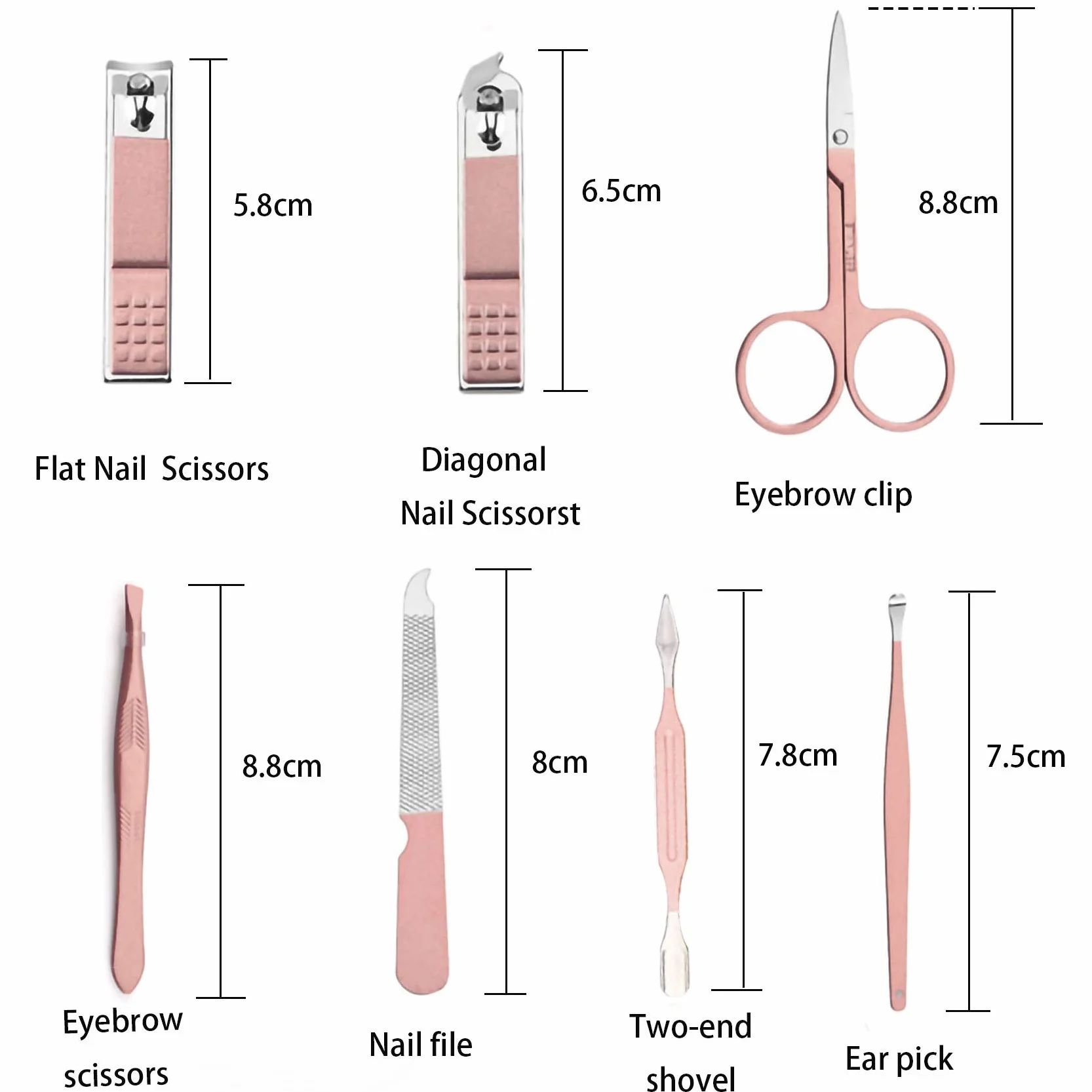 Profesjonalny Zestaw Tagliaunghie 7 Części, Manicure Pedicure Acciaio Inox, Forbici Unghie, Kit Cura Unghie z Pudełkiem Różowy