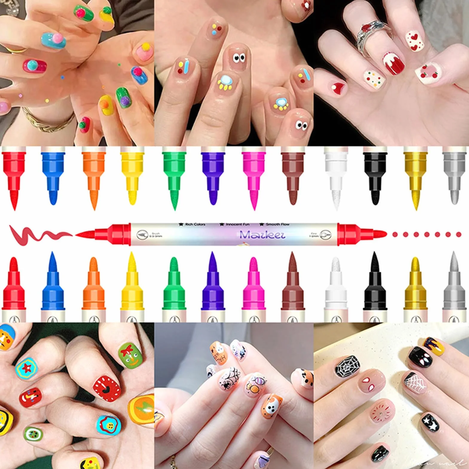 Penna Smalto per Unghie,Set 12 Colori ad Acqua - Pennarelli Smalto A Doppia Punta Per Bambini - Per Donne E Ragazze Gel Manicure Puntinatura Disegno E Pittura