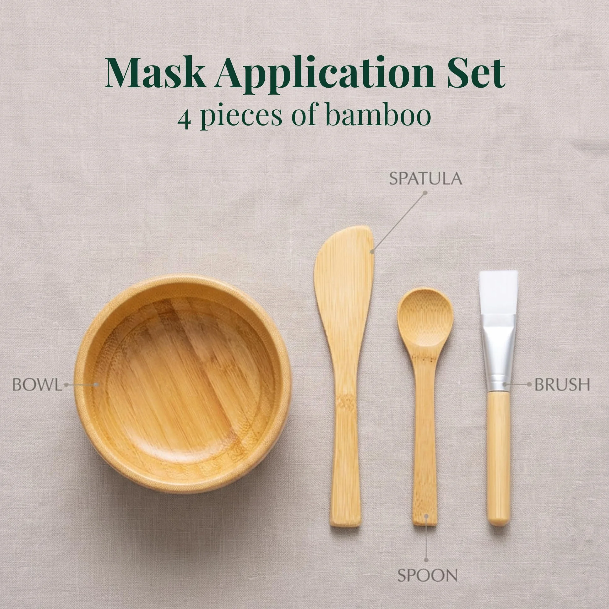 Set 4 Pezzi Maschera Viso Bambù con Ciotola, Pennello, Spatola e Cucchiaio – Kit Applicazione Maschere Facciali Riutilizzabile, Accessori Beauty Skincare Facile Pulizia