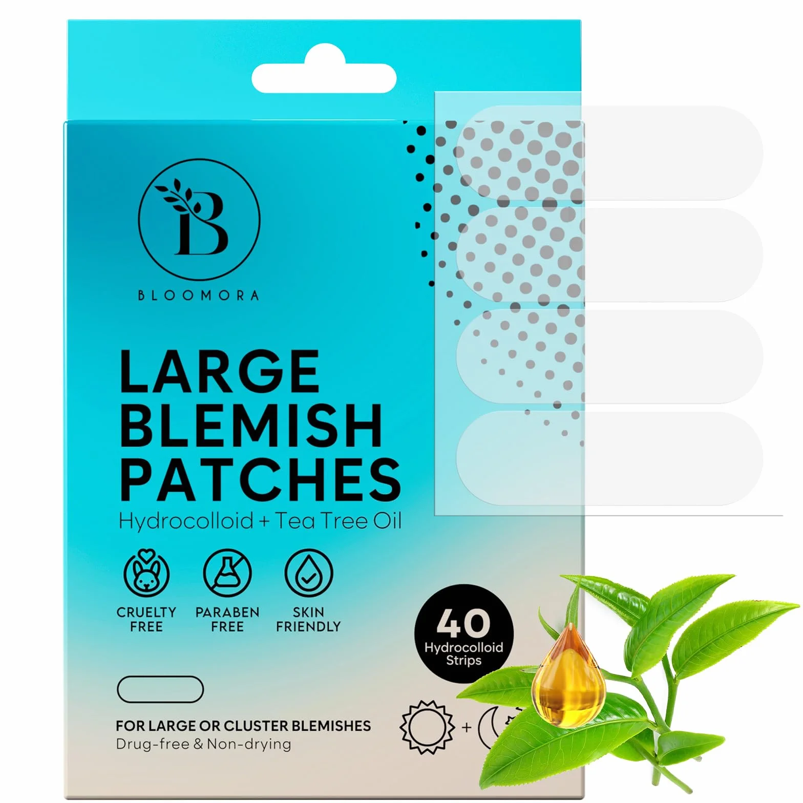 BLOOMORA Patch Brufoli Grandi – Hydrocolloid Pimple Patch con Olio di Tea Tree, Cerotti Brufoli per Viso e Corpo, Ideale per Aree Estese (40 Pezzi)
