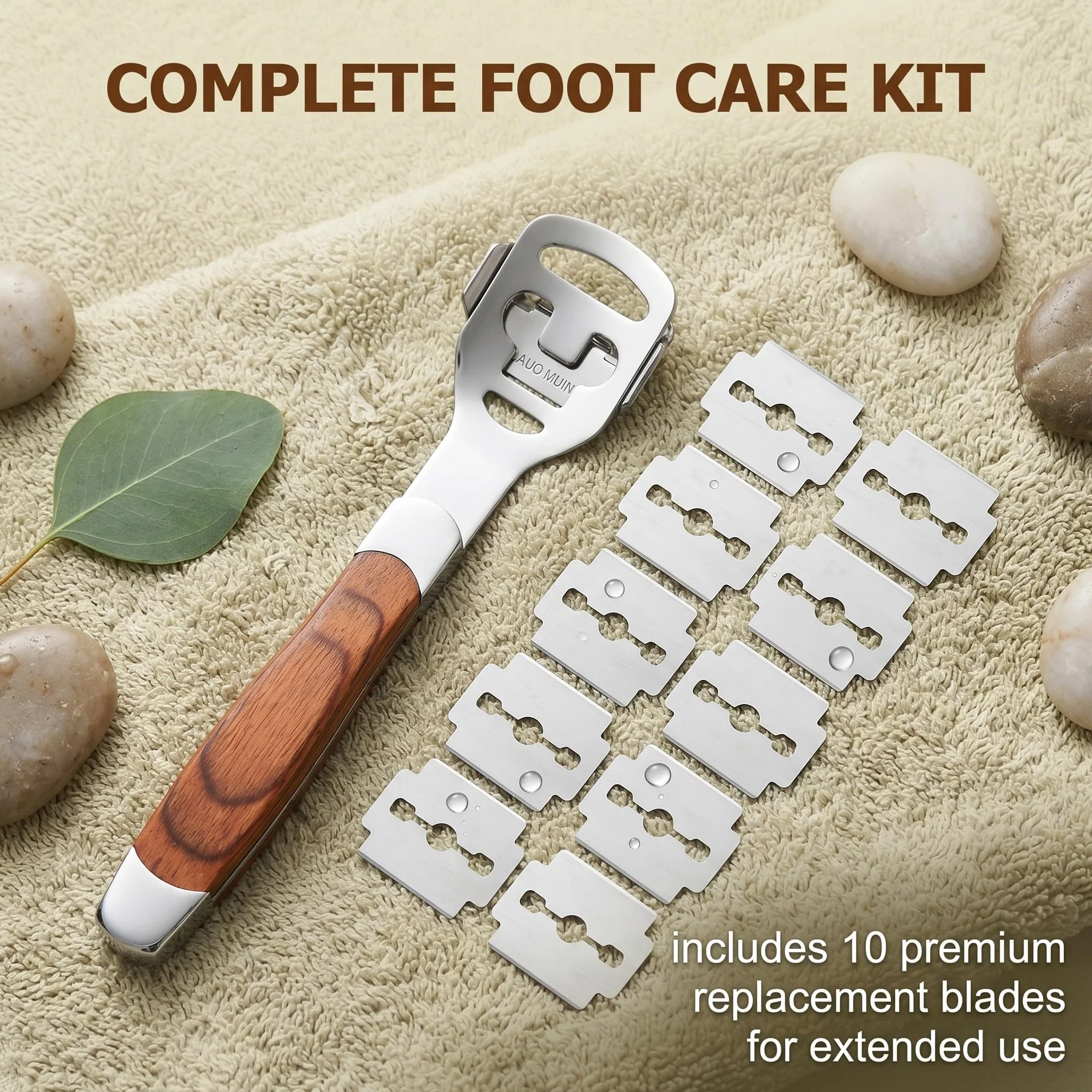 Kit per Pedicure con 10 Lame, Raschietto Rimuovi Calli, Manico in Legno, Cura Piedi Professionale