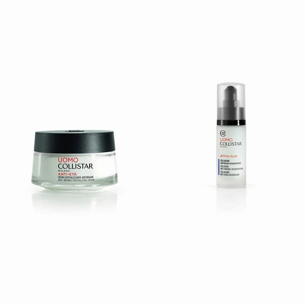 Collistar Linea Uomo Crema Antirughe Rivitalizzante, Previene le Rughe e Rimpolpa Quelle Esistenti dall'interno, 50 ml & Attivi Puri Uomo Collagene Antirughe Rigenerante, 30 ml