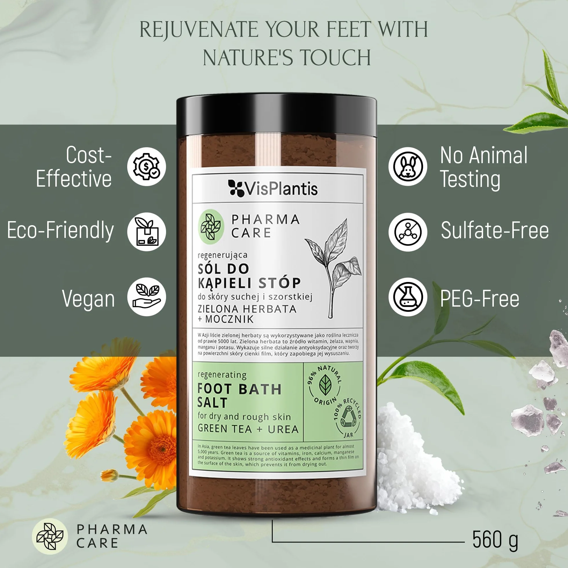 Vis Plantis Sale per Pediluvio con Tè Verde, Urea e Calendula 560 g – Sali da Bagno per Piedi con Pelle Dura e Calli, Pediluvio Rigenerante per Piedi Stanchi e Gambe Pesanti, Idratante e Deodorante