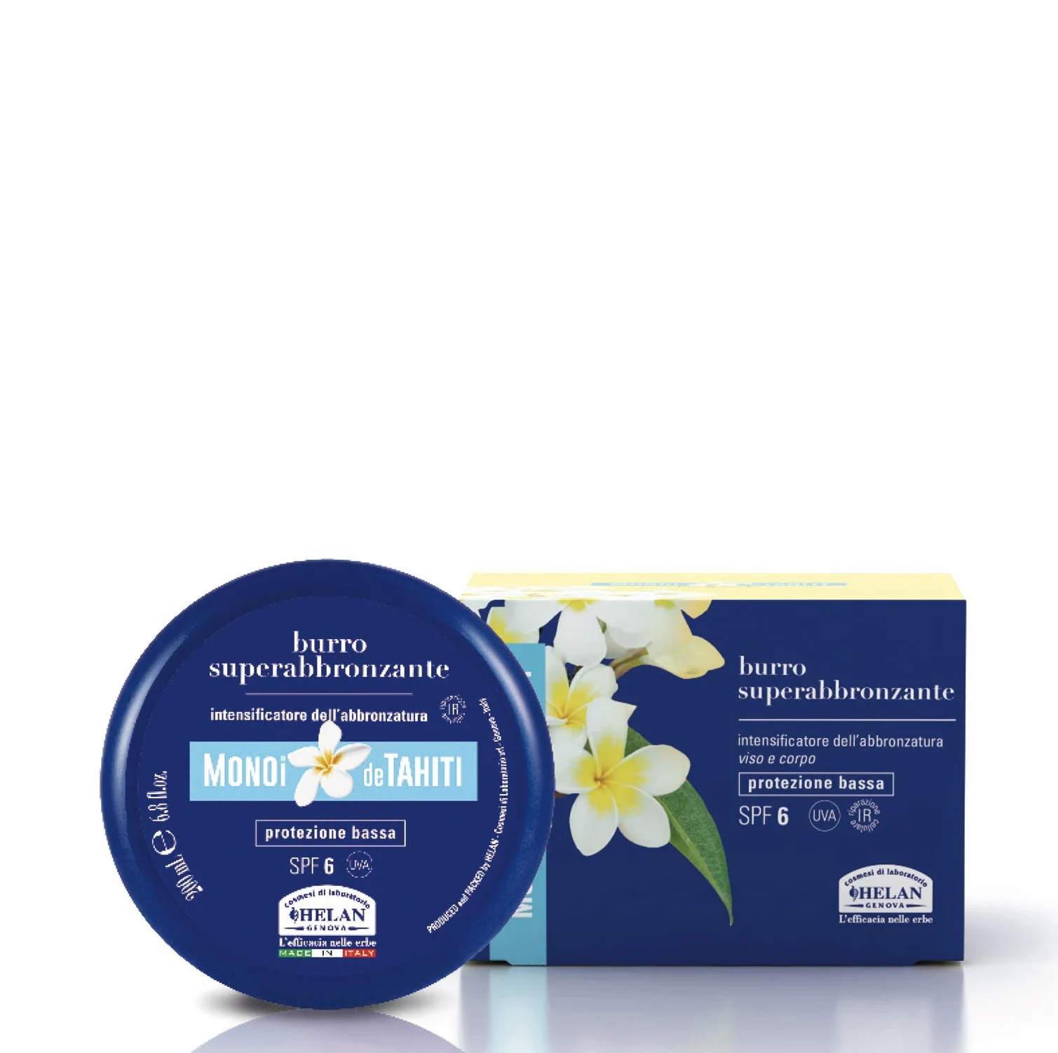 Helan, Monoi de Tahiti - Crema Abbronzante Corpo e Viso con Protezione Solare 6 Bassa, Burro Acceleratore e Attivatore Abbronzatura Protegge la Pelle, Unguento Super Abbronzante Intensificatore 200 ml
