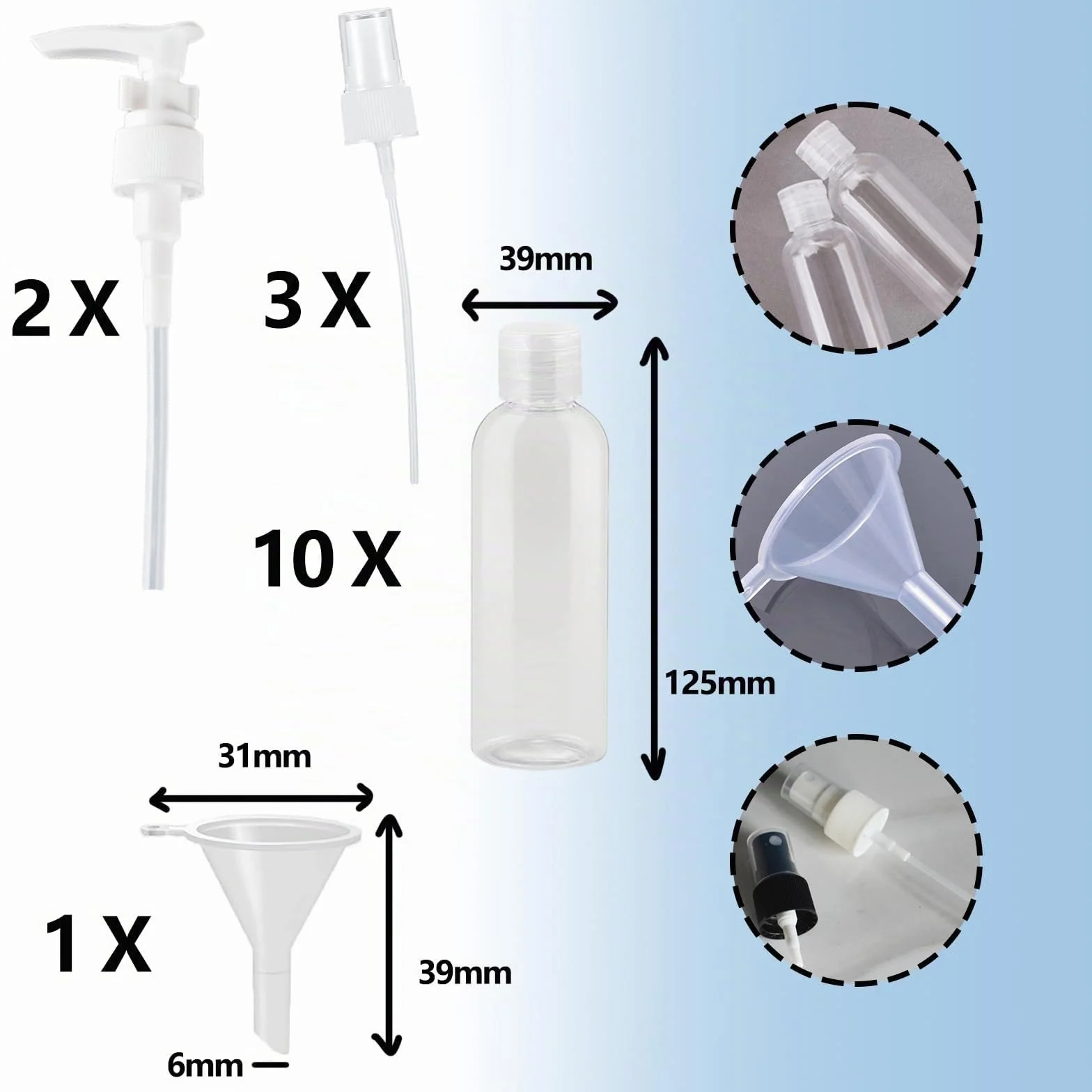 Set di 10 flaconi da viaggio - Flaconi dispenser in plastica trasparente da 100 ml con tappo a scatto, mini flaconi d'aria, contenitori per gel doccia da viaggio in PET per lozione di riempimento