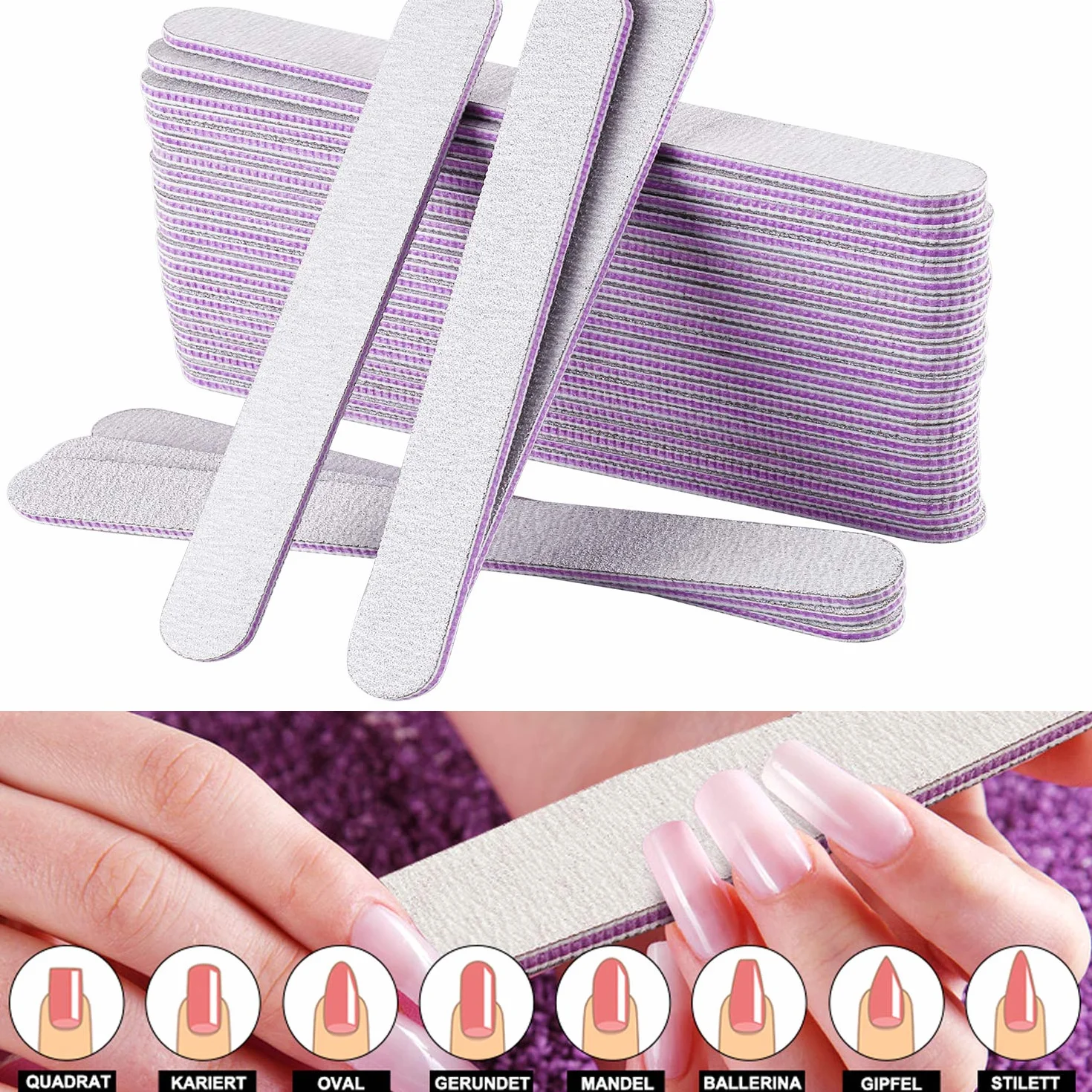50 Lime per unghie professionali, lime per unghie 100 180, Lima Unghie Gel a Doppio lato per Manicure Nail Art, Carta vetrata Lima Unghie Colore Grigio - Nucleo Viola Forma Diritta