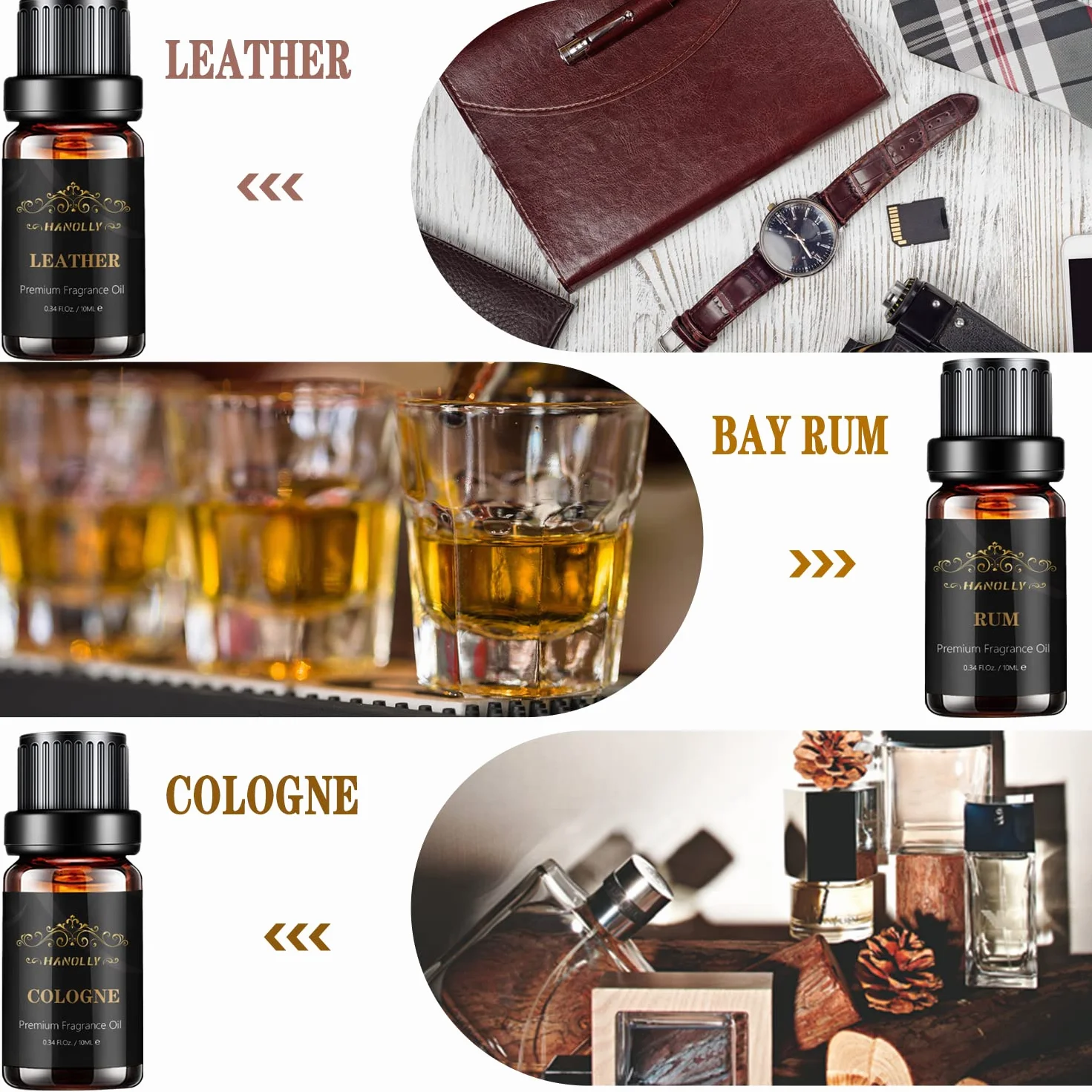 HANOLLY Oli Essenziali per Diffusori 6x10 ml, Olio Essenziale Naturale per Aromaterapia, Legno di Sandalo, Cedro, Tabacco Dolce, Rum, Colonia, Pelle