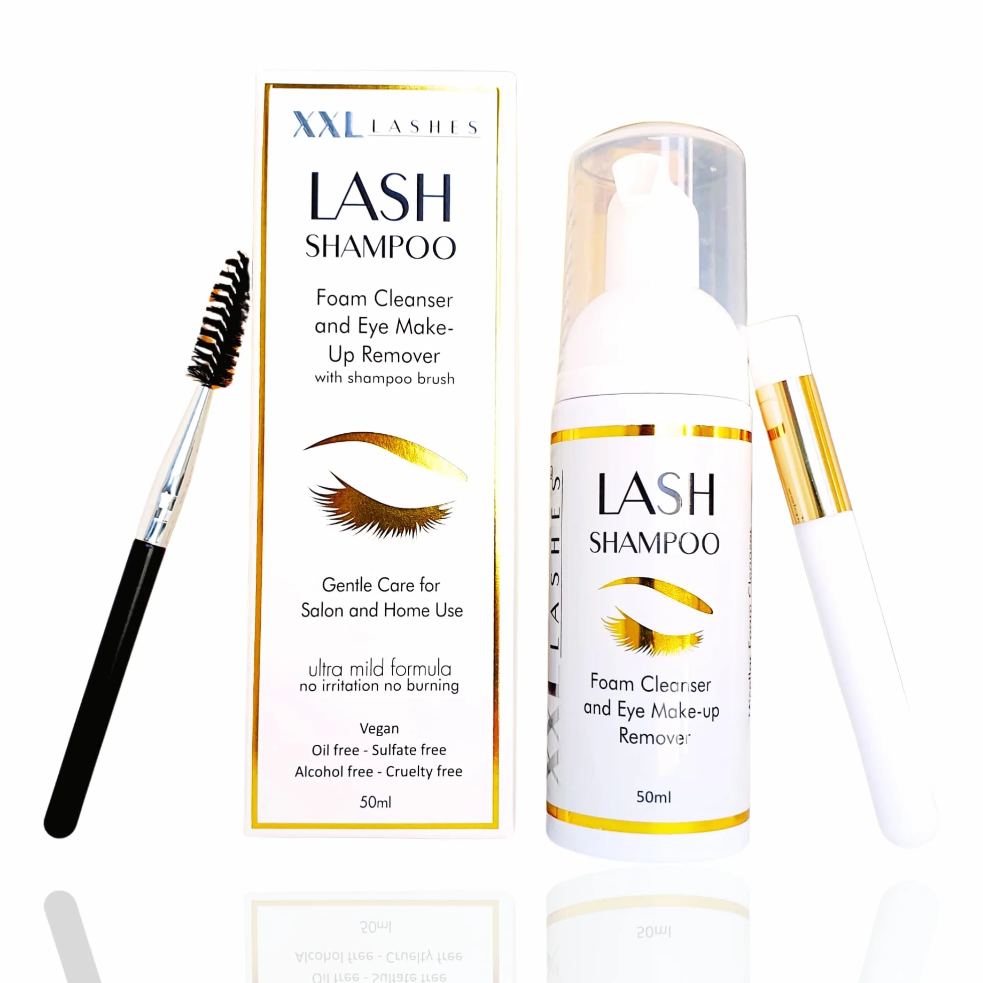 XXL Lashes Shampoo per extension ciglia, detergente schiumogeno, struccante, 50 ml con spazzolino per shampoo per ciglia e sopracciglia, cura ciglia con pennello per lavaggio
