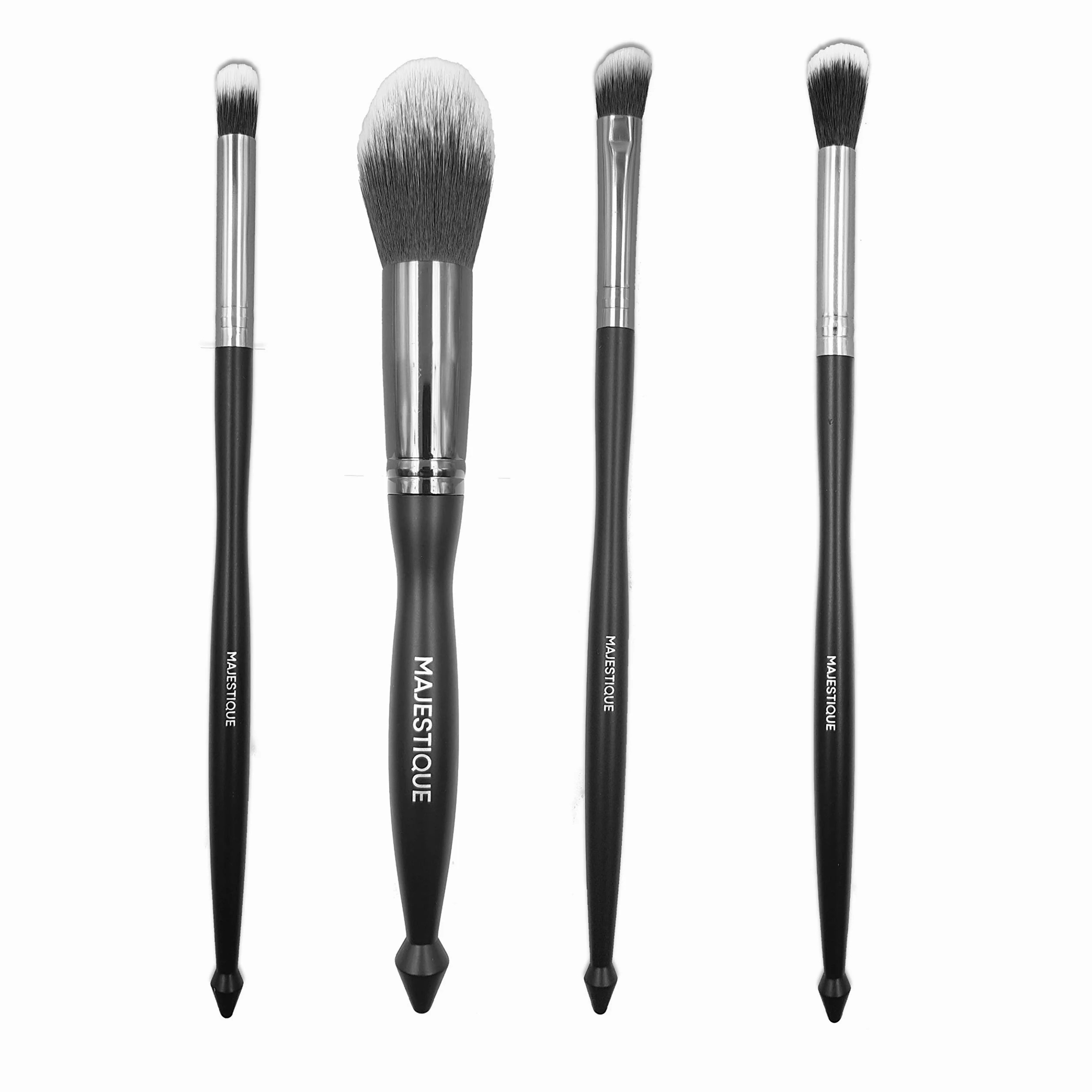 MAJESTIQUE Majestique, set di pennelli da trucco con manico nero, pennello per cipria, pennello per fard, pennello angolato, pennello per contouring, kit di pennelli da trucco nero argento (confezione