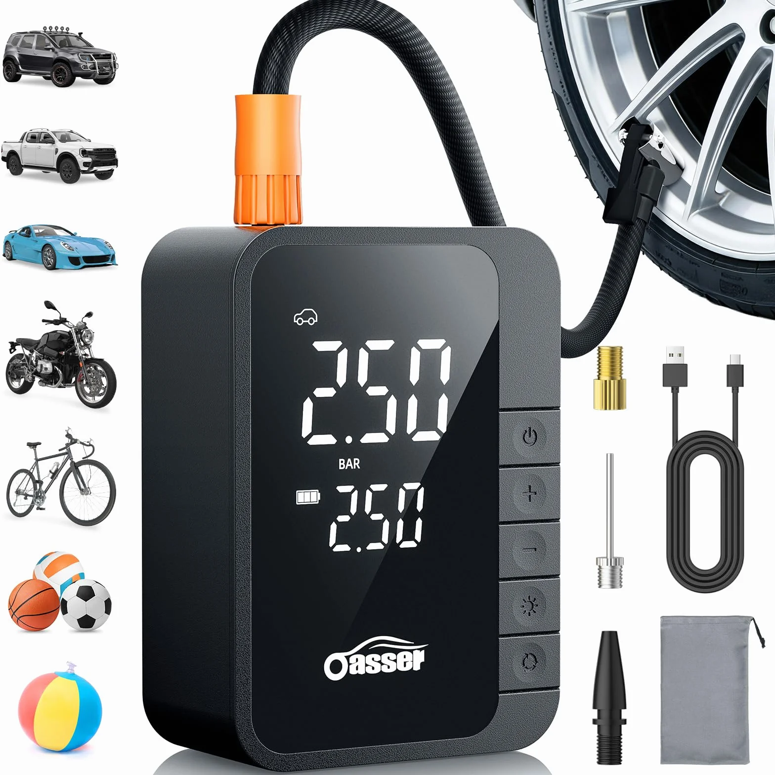 Oasser Mini Compressore Aria Portatile 150 PSI 6000mAh Schermo LCD Doppio Cilindro 19mm Torcia LED Type-C USB Ricaricabile Borsa