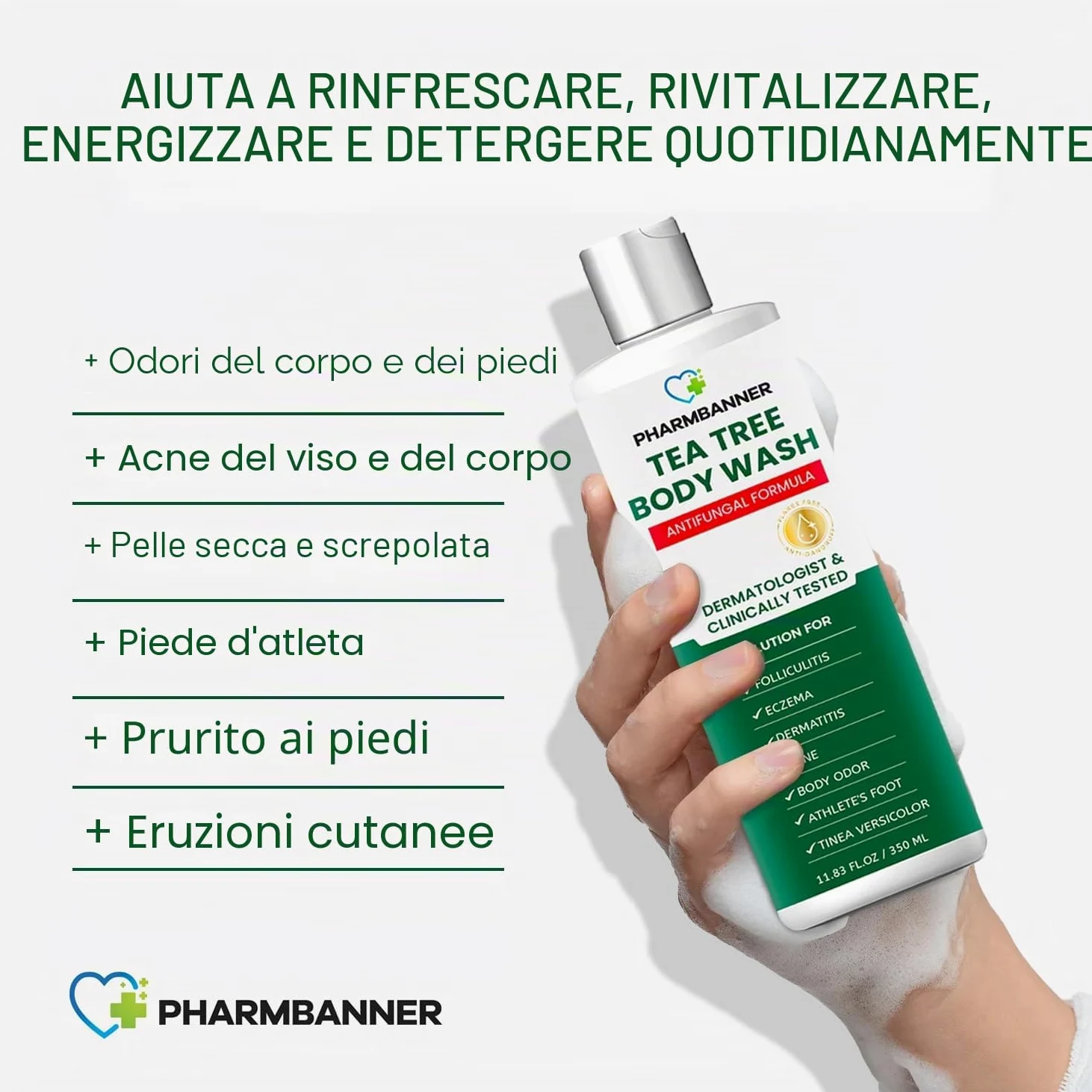 Tea Tree Body Wash, Gel Doccia Rinfrescante con Aloe, Olio di Cocco e Olio di Oliva, Uomo e Donna