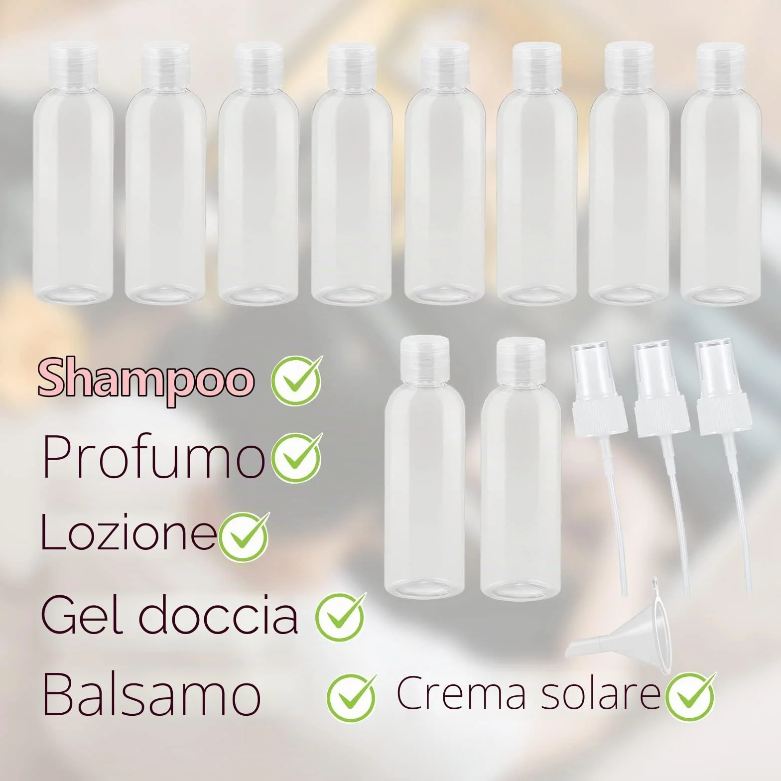 Set di 10 flaconi da viaggio - Flaconi dispenser in plastica trasparente da 100 ml con tappo a scatto, mini flaconi d'aria, contenitori per gel doccia da viaggio in PET per lozione di riempimento