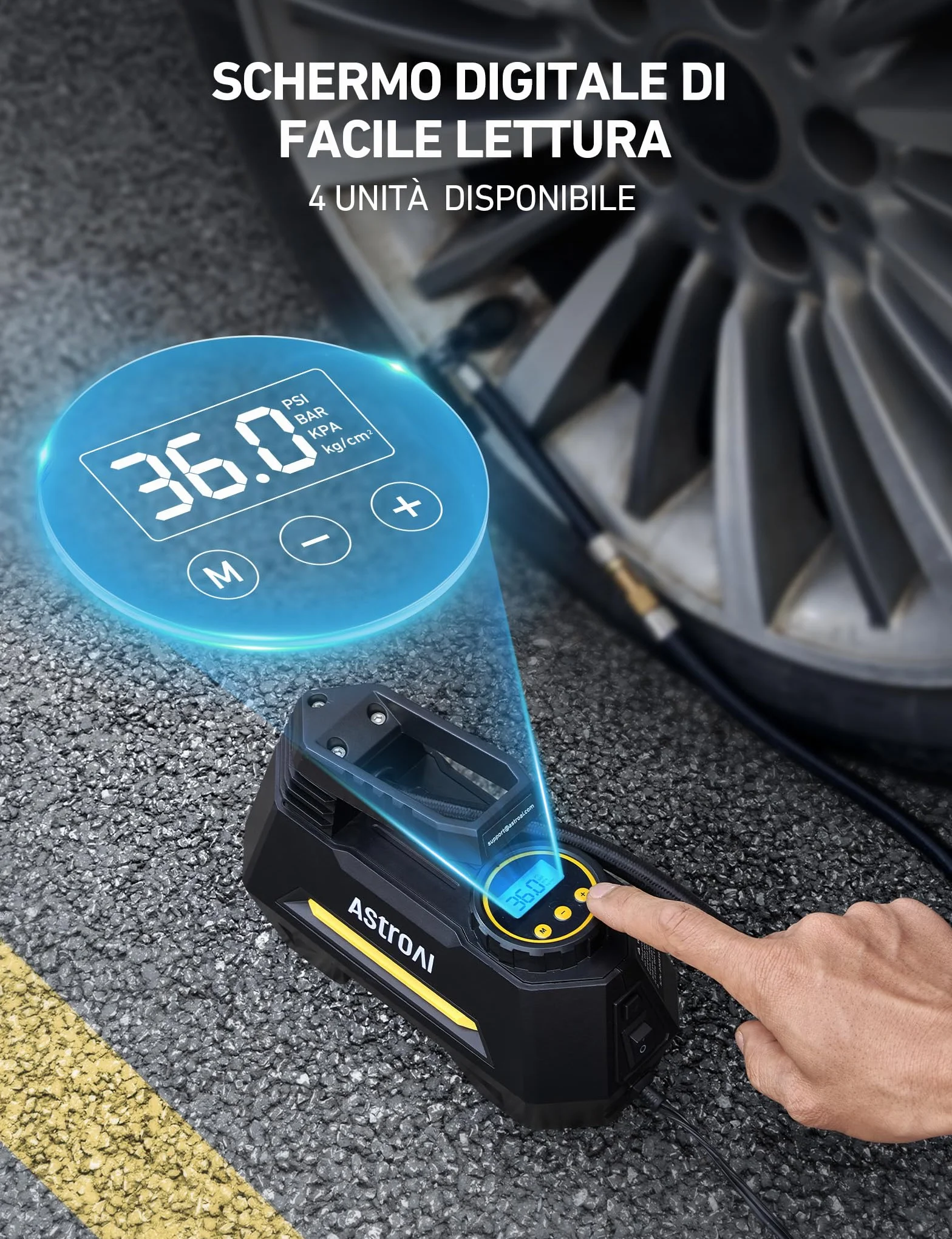 AstroAI Compressore Aria Portatile 12V, Mini Pompa Elettrica per Bicicletta Moto, Digitale con Manometro LED, 3M Cavo