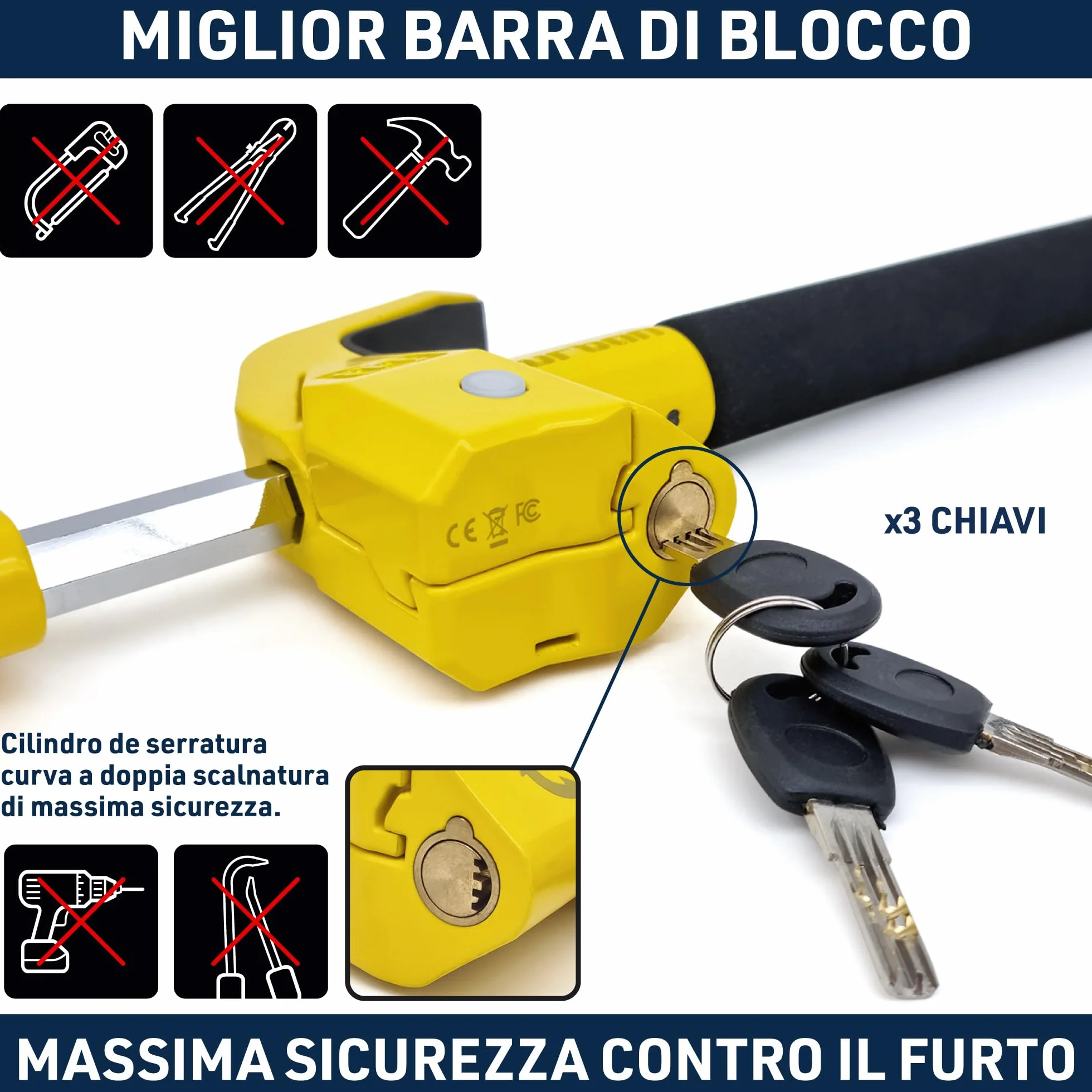 URBAN UR978Y Antifurto Auto Doppia Sicurezza Blocca Sterzo 120dB LED Bloccaggio Automatico Blocco Volante Meccanico Universale