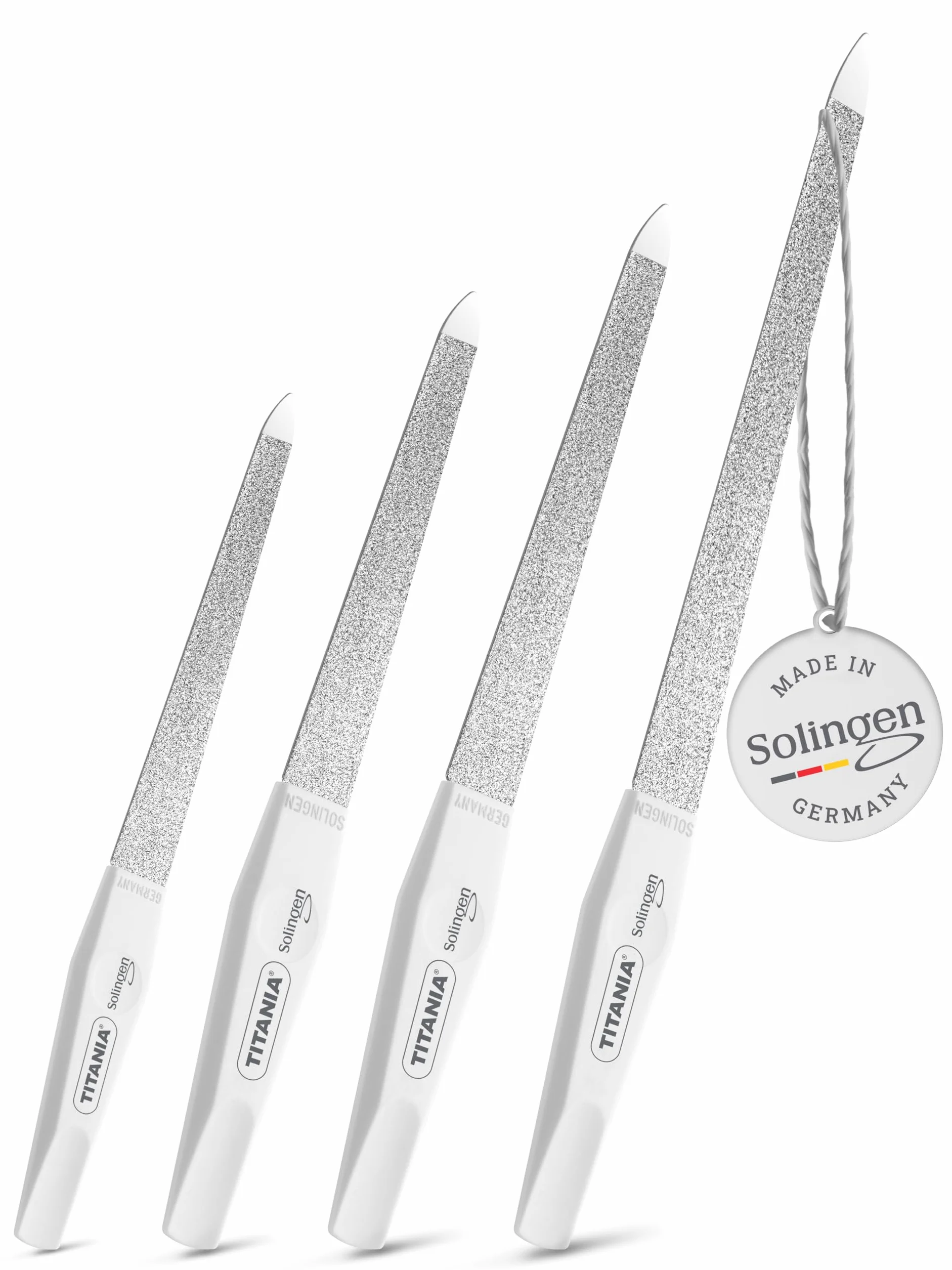 TITANIA® Solinger Saphir - Set di 4 lime per unghie professionali (12/15/17/20 cm) con manico bianco - Lima per unghie e unghie naturali - Lime di alta qualità per manicure e pedicure