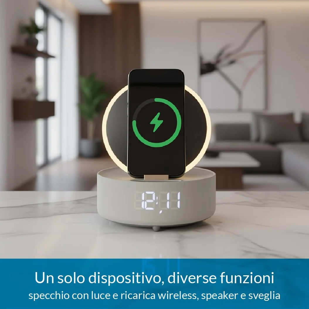 Make Up Specchio LED da Tavolo con Luce Dimmerabile, Ricarica Wireless Qi, Cassa Bluetooth e Orologio Digitale, Specchio Beauty per Trucco e Skincare (Beige)